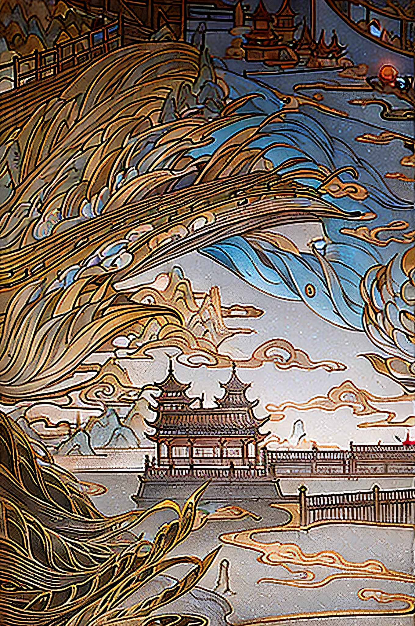 An ancient Chinese painting, ancient Chinese background, mountains, rivers, auspicious clouds, pavilions, sunshine, masterpieces, super detail, epic composition, ultra HD, high quality, extremely detailed, official art, unified 8k wallpaper, Super detail, 32k -- v 6