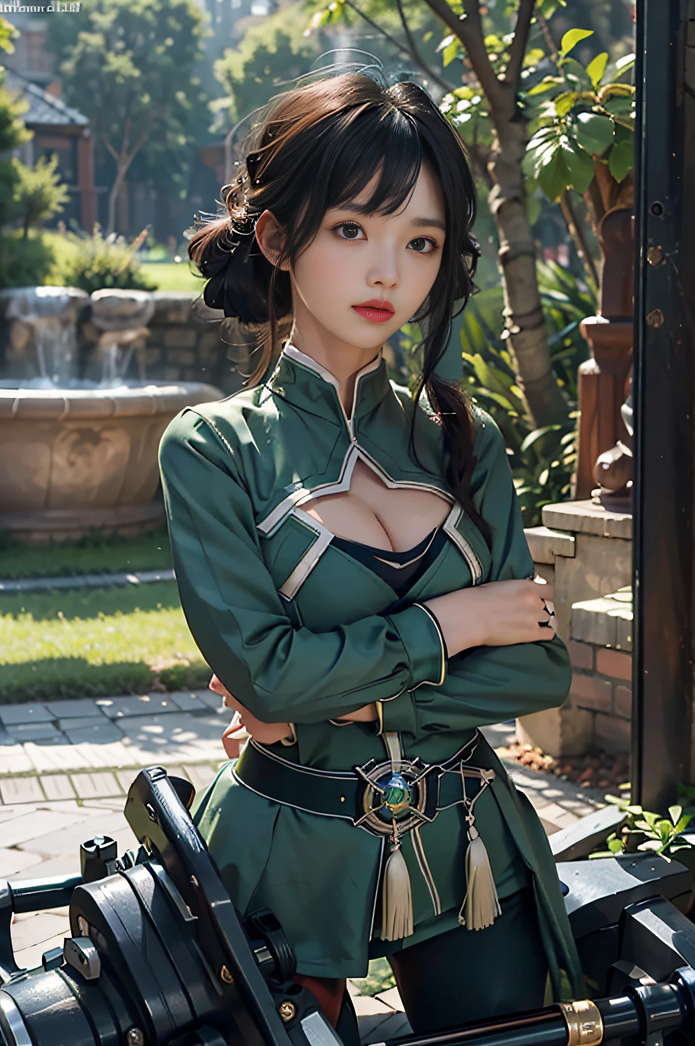 (Masterpiece, best quality, rich detail, realism: 1.3), (ulzzang-6500-v1.1:0.7), 1girl, upper body, green clothes, hold heavy type gatling, (hips, big breasts, sexy, beautiful, perfect body: 1.3)