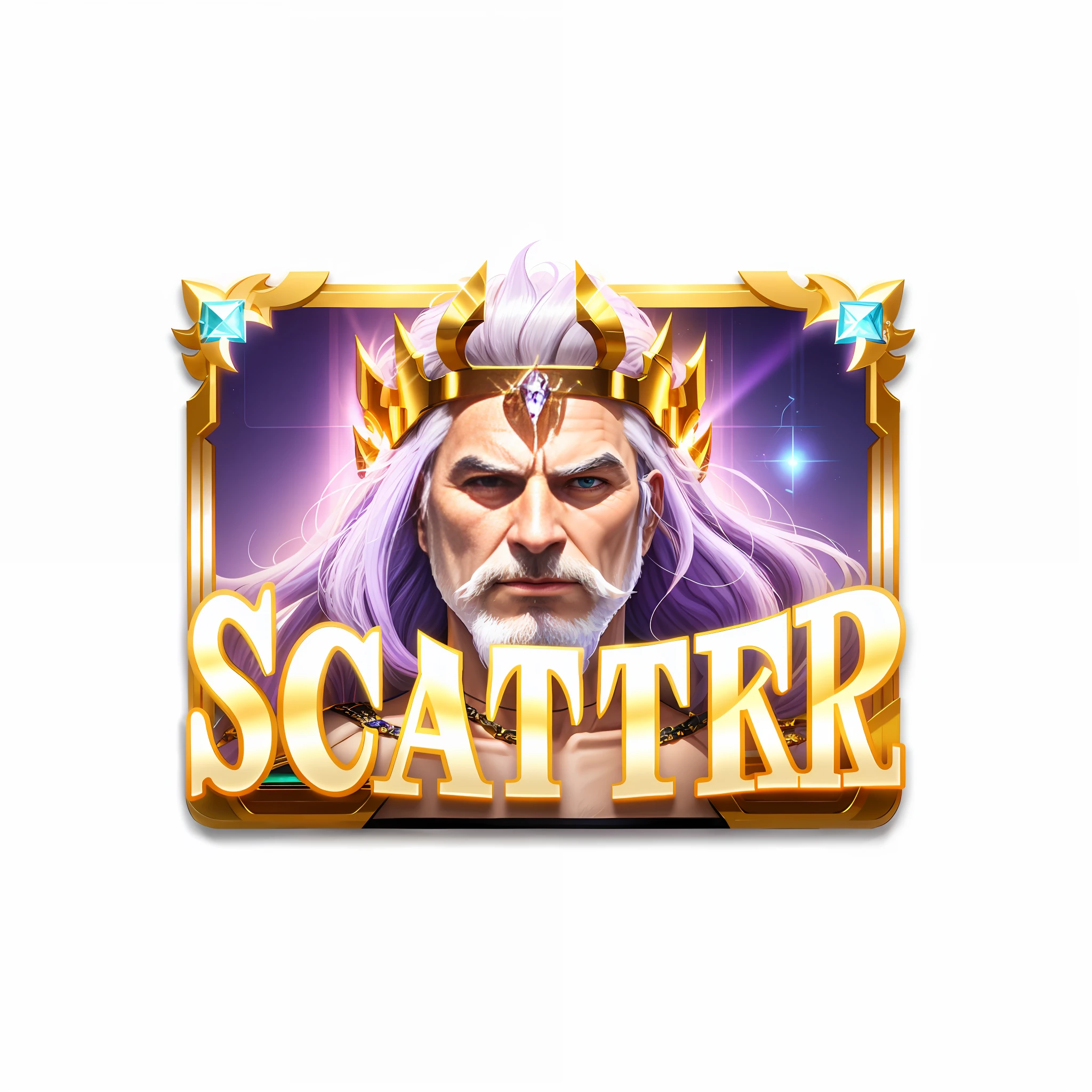 8K, Delicate, CG, slot machine logo, cartoon hair Zeus old man, gold border set with purple gemstones, yellow gradient color English font, in-game image, lilac background, avatar image