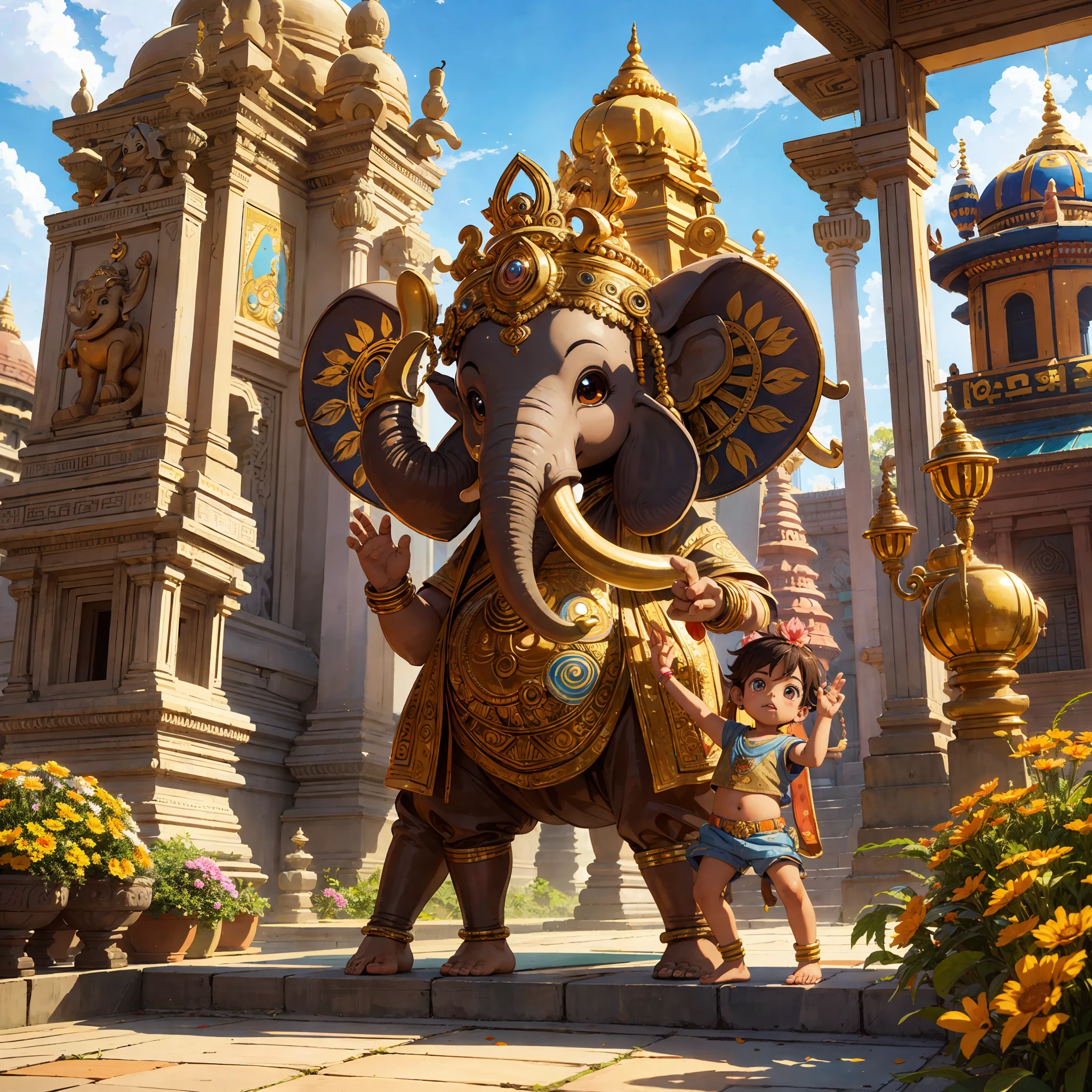 Cute ganesha elephant little boy, pop mart, golden armor, big eyes, character front view, waving moves, brown color palette, temple, india, chennai, surrounded by colorful flowers, on warm old temple background, sun, rich details, pixar, 3d, --auto --s2