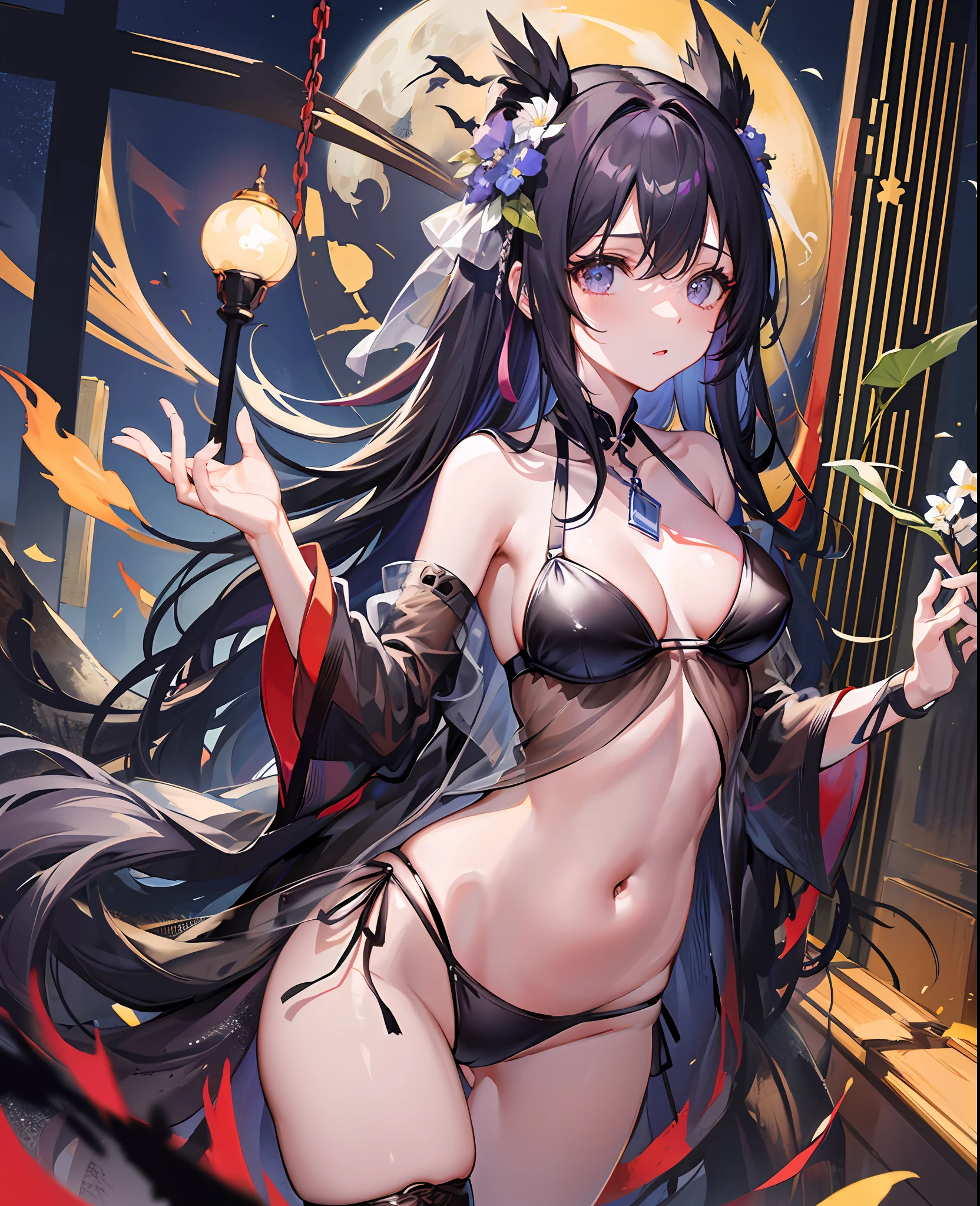 (masterpiece), (best quality), 全身, 简单的背景, 坐着, 1girl, 闪亮的头发, 白发, 羽毛发饰, 白色披风, ((see-through)), 肚脐, 浅笑, 植物, 花, full_moon ,侦探主题,((black legwear)), ((crow)),chains,ruins, 1gir, in flower,black_bikini,1girl in flower ,navel,