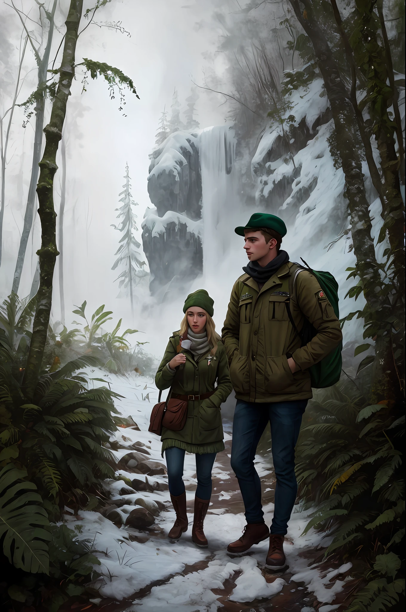 Teacher and European students, freezing jungle at russia, photorealistic painting