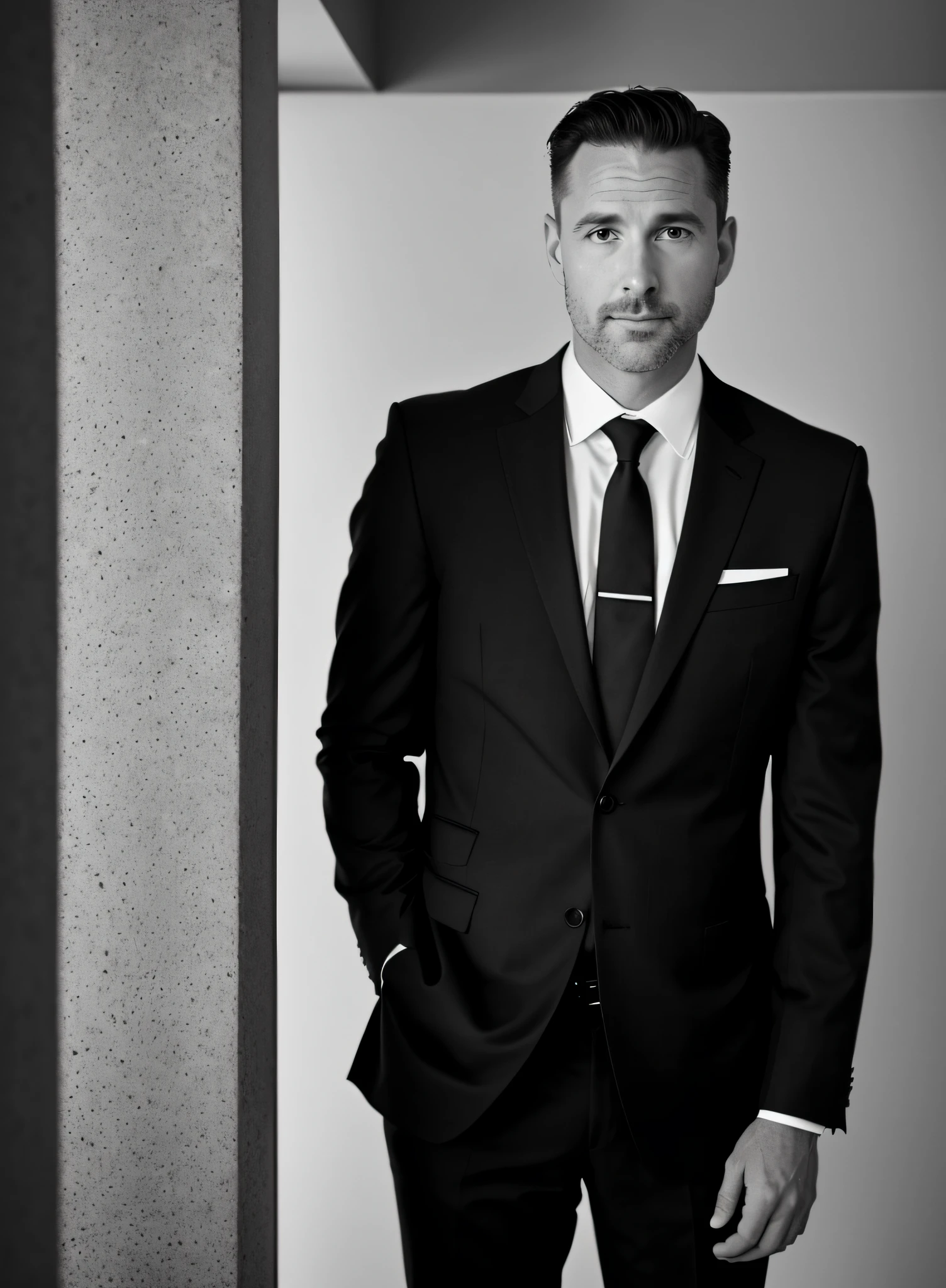 photo RAW wide shot in black and white, a 44-year-old white man named Maxime Dubois, dressed in suit, (high precision skin: 1.2), 4k uhd, DSLR, soft lighting, high quality, film grain, Fujifilm XT3,