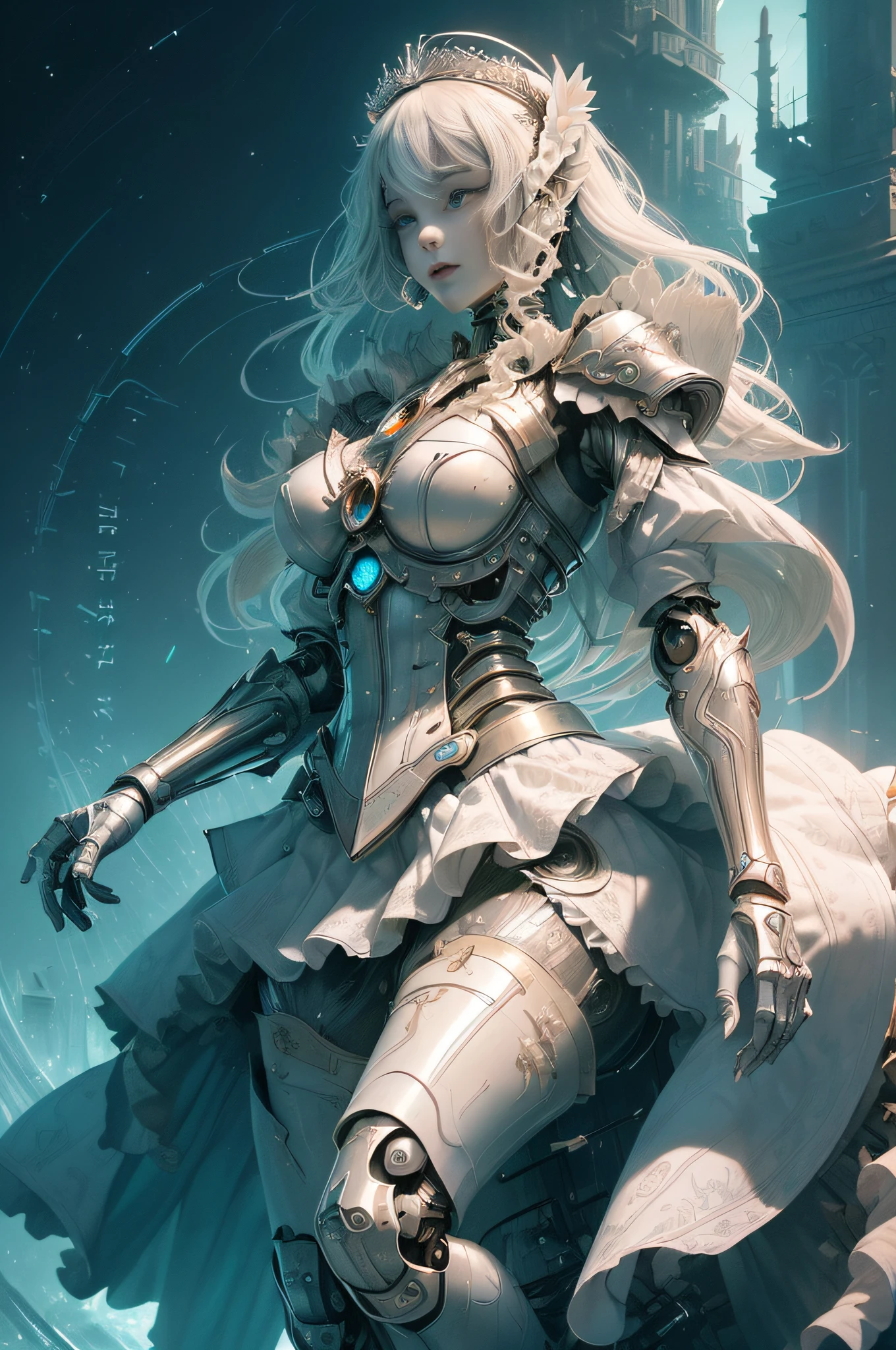 [Detailed illustrations, art based on extremely ideal anatomy, very detailed and detailed drawings, slow and delicate lines, realistic texture expression],((Color tressed main lines)),(Artwork with outstanding craftsmanship),(Modern city in the distance),[Giant white ROBOTGirl SKINNY towering over the building district (total length 40 meters)],(AUTOMATON)) ROBOT face ( Luminescent eyes) Chain-like hair MACHINEKNIGHT (titanium skeleton) ((Delicate thin fingers)),((Called white porcelain princess lily)) Large crown Large raised shoulder rest [Graceful appearance with many curved surfaces Smooth body surface] ((((Ruffled petticoat))) (White lily pattern),(TITANWEAPON) Mecha body Metal skin ((Cable (gear))),(( Platinum Coating)),(Science Fiction Mechanical),[Huge Feeling],((Fine and Beautiful Skin Expression (Transparency))),((Clear Gaze)),((Perfect Eye Details (Beautifully Drawn Eyes),(Beautiful Perfect Face (Realistic Face Details)),((Beautiful Hair Details)),((Perfectly proportioned Proportions)),( Design built to a high level, ((Advanced structural understanding of materials)),Ideal color coordination),((Artistic decoration)) ((Dense detail)),((Detail,High definition)),[(Ultra-precision detail),((Multilayer texture)),HighQuality,High Resolution],((Accurate simulation of light-material interactions, Understanding of air flow, mechanically correct expression))), ((visual art that conveys a sense of narrative)).
