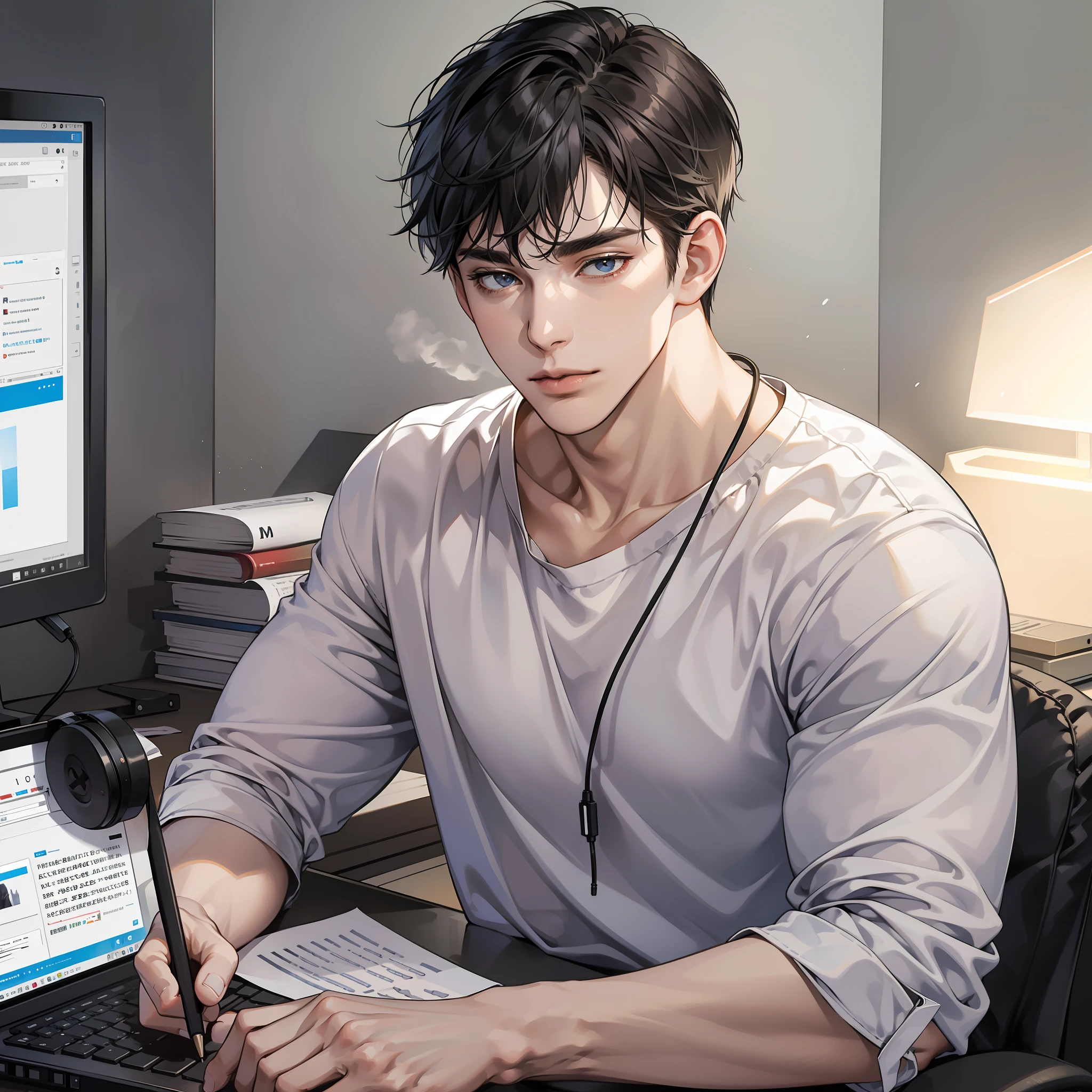 Masterpiece, high quality, best quality, HD, realistic, perfect lighting, detailed body, 1 man, short black hair, white t-shirt, calm expression, writing, wearing headphones, facing the computer monitor, in the room