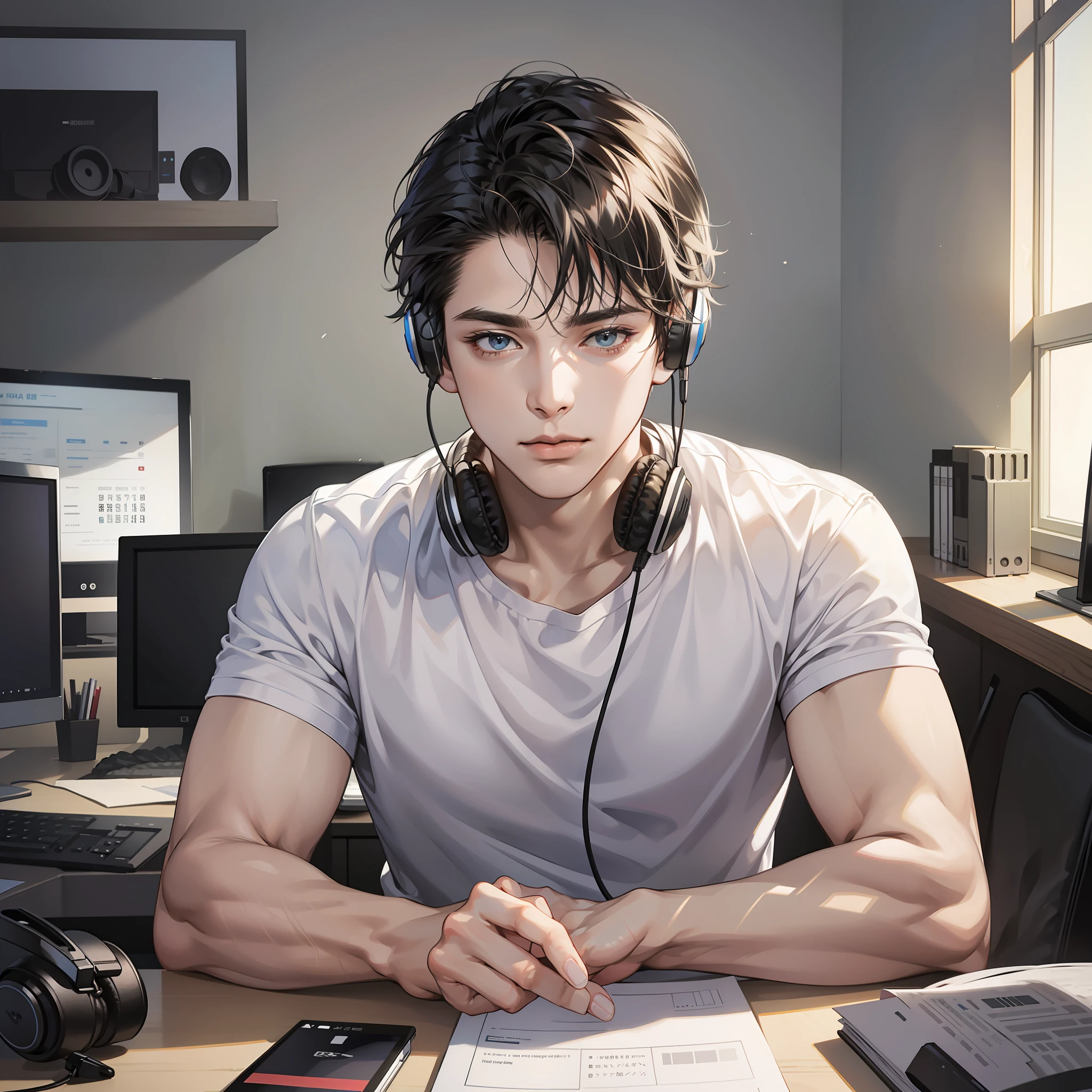 Masterpiece, high quality, best quality, HD, realistic, perfect lighting, detailed body, 1 man, short black hair, white t-shirt, calm expression, wearing headphones, facing the computer monitor, in the room