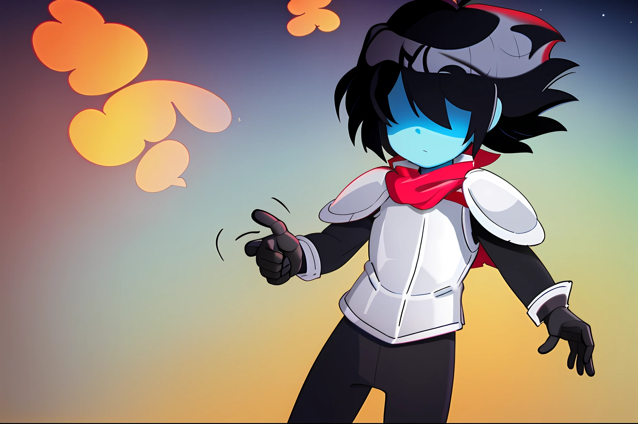 masterpiece, best quality, highres, 1boy, hair obre eyes, colored skin, solo, blue skin, androgynous, black suit, bodysuit, black hair, gloves, red scarf, (armor), night, starry sky, :c, outdoor, perfect hands, hand out of frame,