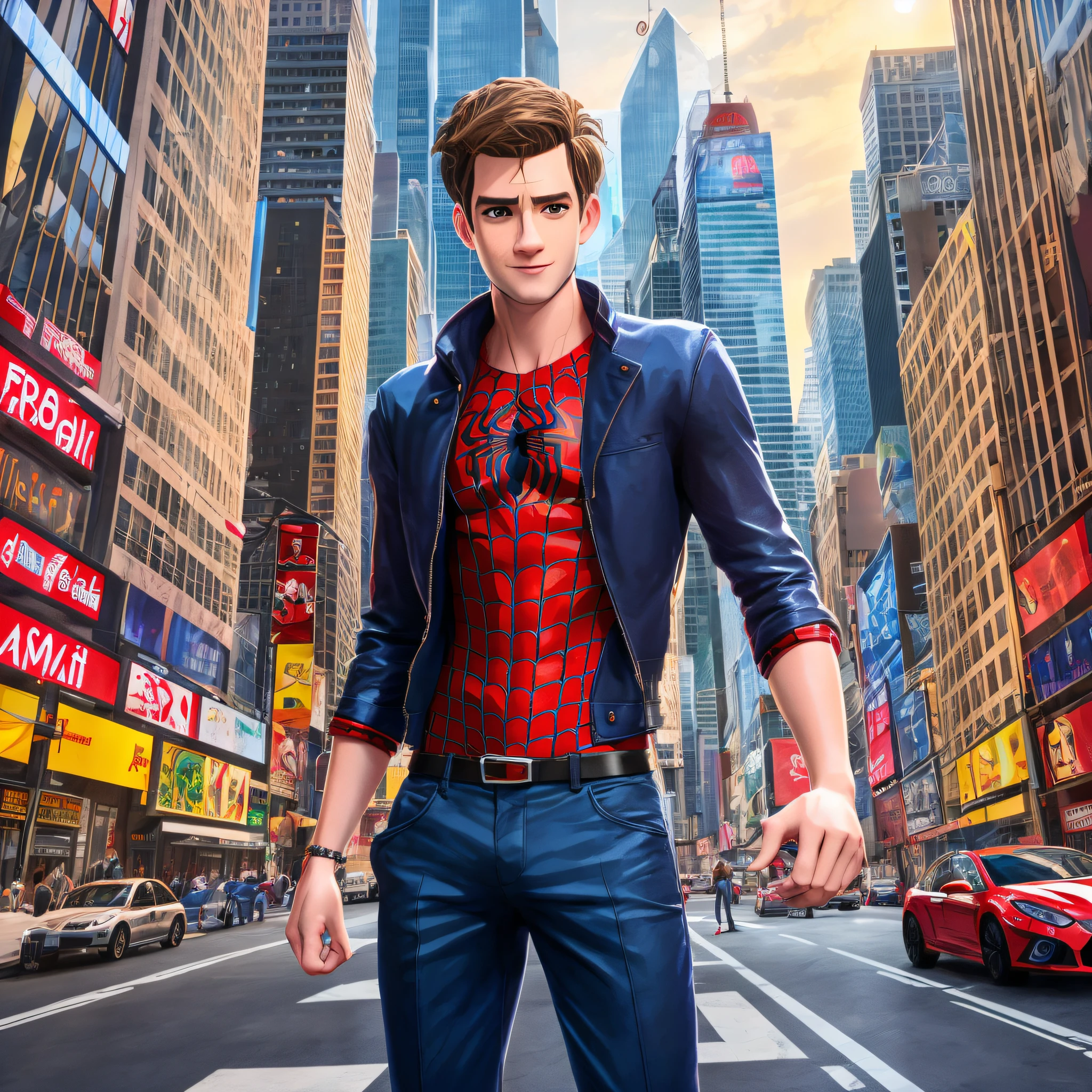 andrew garfield, young, 4k, upscale, ultra realisitic, cartoon, peter parker, natural face, beaturiful body, perfect hands, perfect body, perfect legs, 12k, 8k, in the city, perfect framing, modern art, modern style, modern clothes, 5 fingers on each hand, perfect hands, realistic hands, ultra realistic, home spider symbol centered on chest, roupa de homem aranha por baixo da jaqueta,  vermelho e azul, simbolo de aranha no peito centralizado,