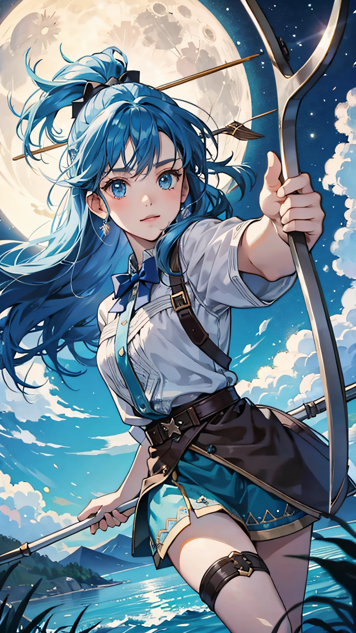 Halfling Character Medium Blue Hair Bow and Arrow Full Moon Witch Fantasy