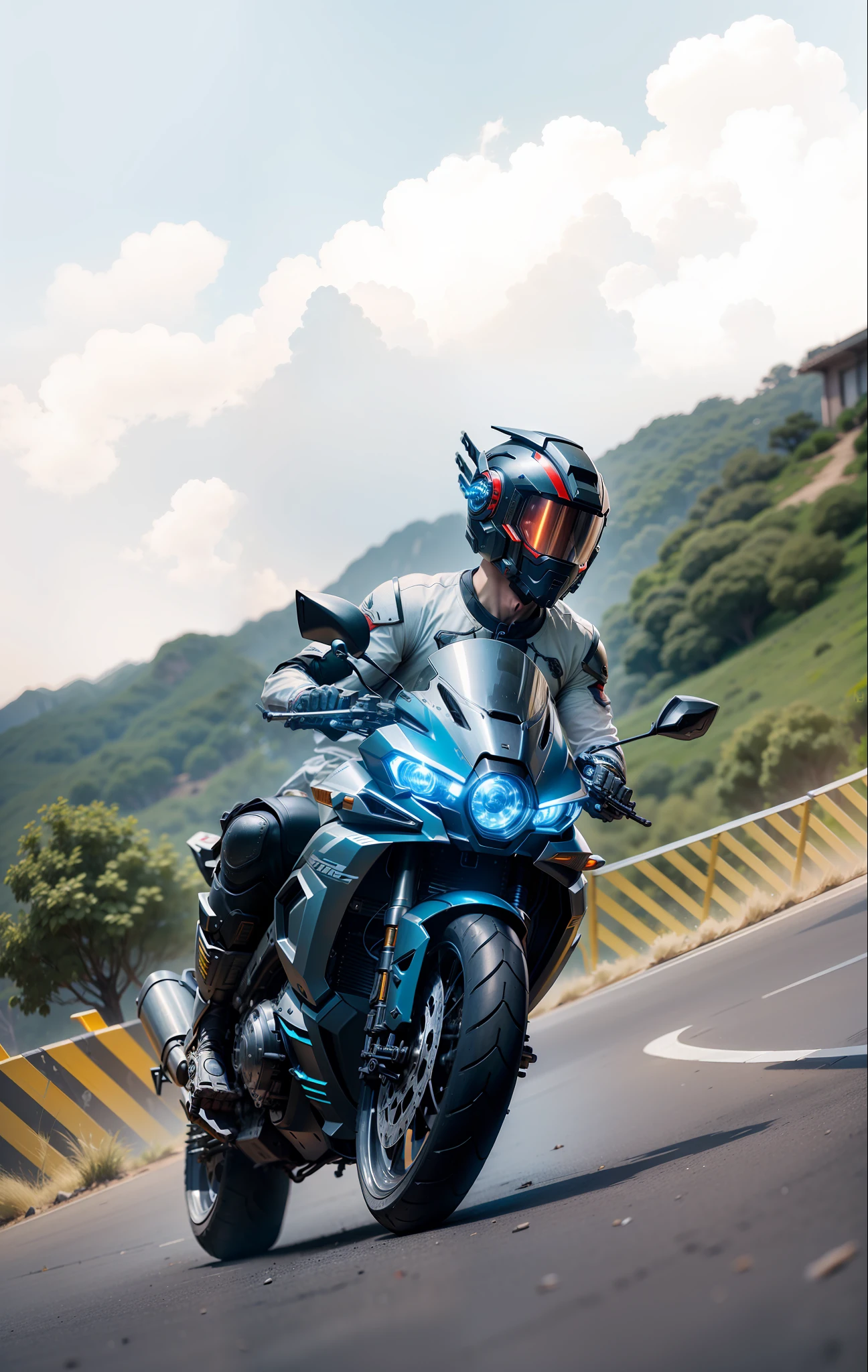 Cyber Warrior & Cybertech Mechanical Motorcycle, Mighty Male Warrior, Nousr, Biomechanics, MSHN Robot Man, Cybertech Full Surround Helmet, Surreal, Steel, Intricate Design, Crazy Detail, Fine Detail, Extremely Clear Lines, Cinematic Lighting, Photo Realistic, Detailed Masterpiece