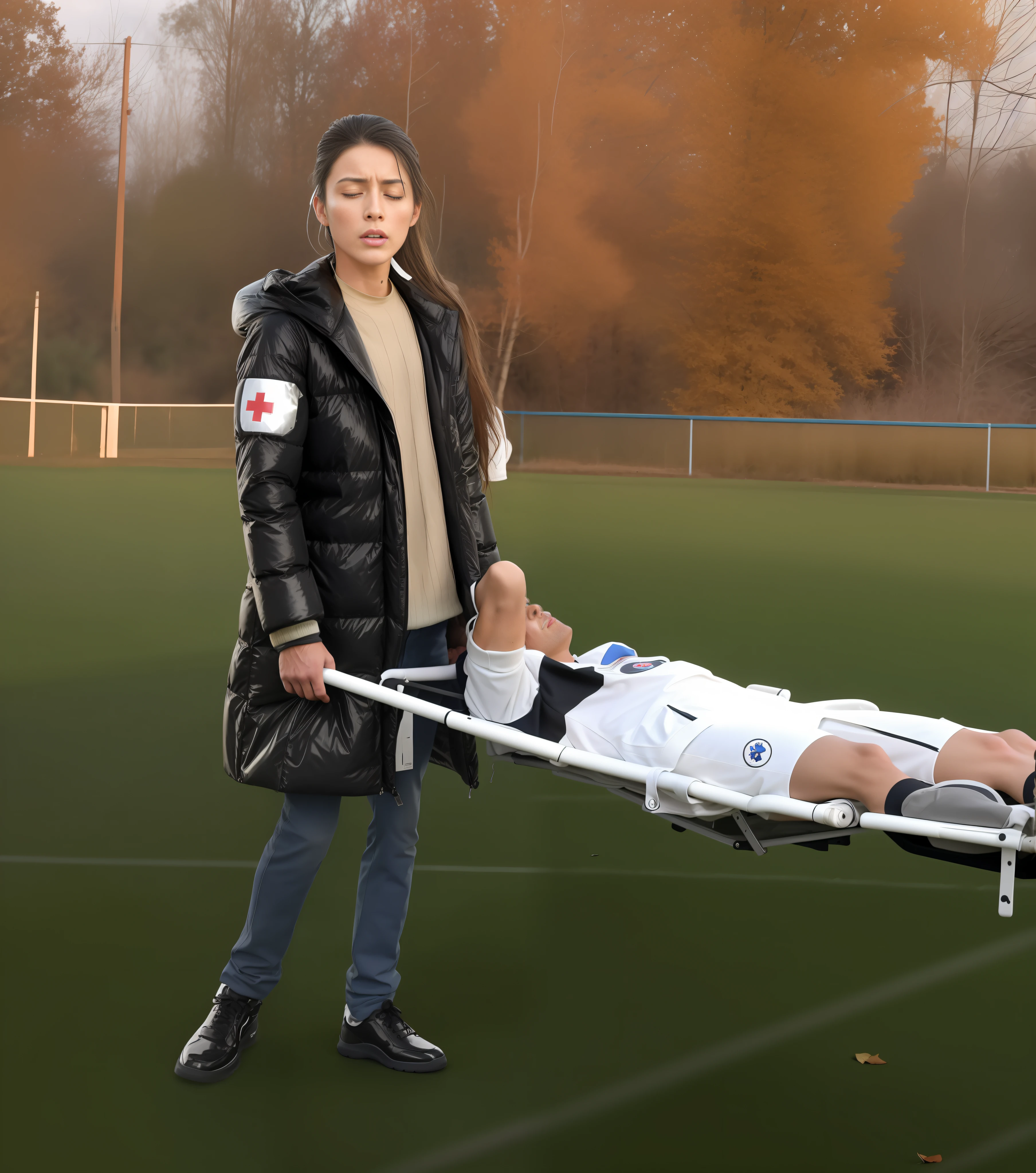 there is a sportsman in white shorts and a white t-shirt lying injured on a stretcher, there is an injured sportsman who is covering his face on a stretcher, an injured sportsman is covering his face with his hands, an injured sportsman is writhing in ecstasy on a stretcher, dramatic pity pose, there is a latino woman in a high-shine puffy coat, a high-shine black down coat, a long black moncler coat, a wetlook down coat, a wet black aquered coat, a latino wife is wearing a wetlook black uniform, injured, medic, laura sava, anna nikonova, very professional, by Dietmar Damerau, alexandra fomina, soccer action pose, affection pose, lecherous action pose, dramatic action pose, theatralic pose, there is an attractive woman that is carrying a skinny man, there is a beautiful woman in a shiny coat who is carrying a blond man in her arms, a longhaired beautiful woman in a high-shine black puffy coat, a longhaired woman in a shiny downcoat, a woman is carrying a shorthaired man who is wearing shorts and a t-shirt, a weak man in spots shorts is consciousless and needs to be carried, a shorthaired man with closed eyes is carried in the arms of a longhaired woman, a woman looks very scared and terrified, a consciousless man with closed eyes is suffering very much and has a very painful face, photo, photo shoot, photographed , accident, help, aid, first aid, pity, Sofya Emelenko