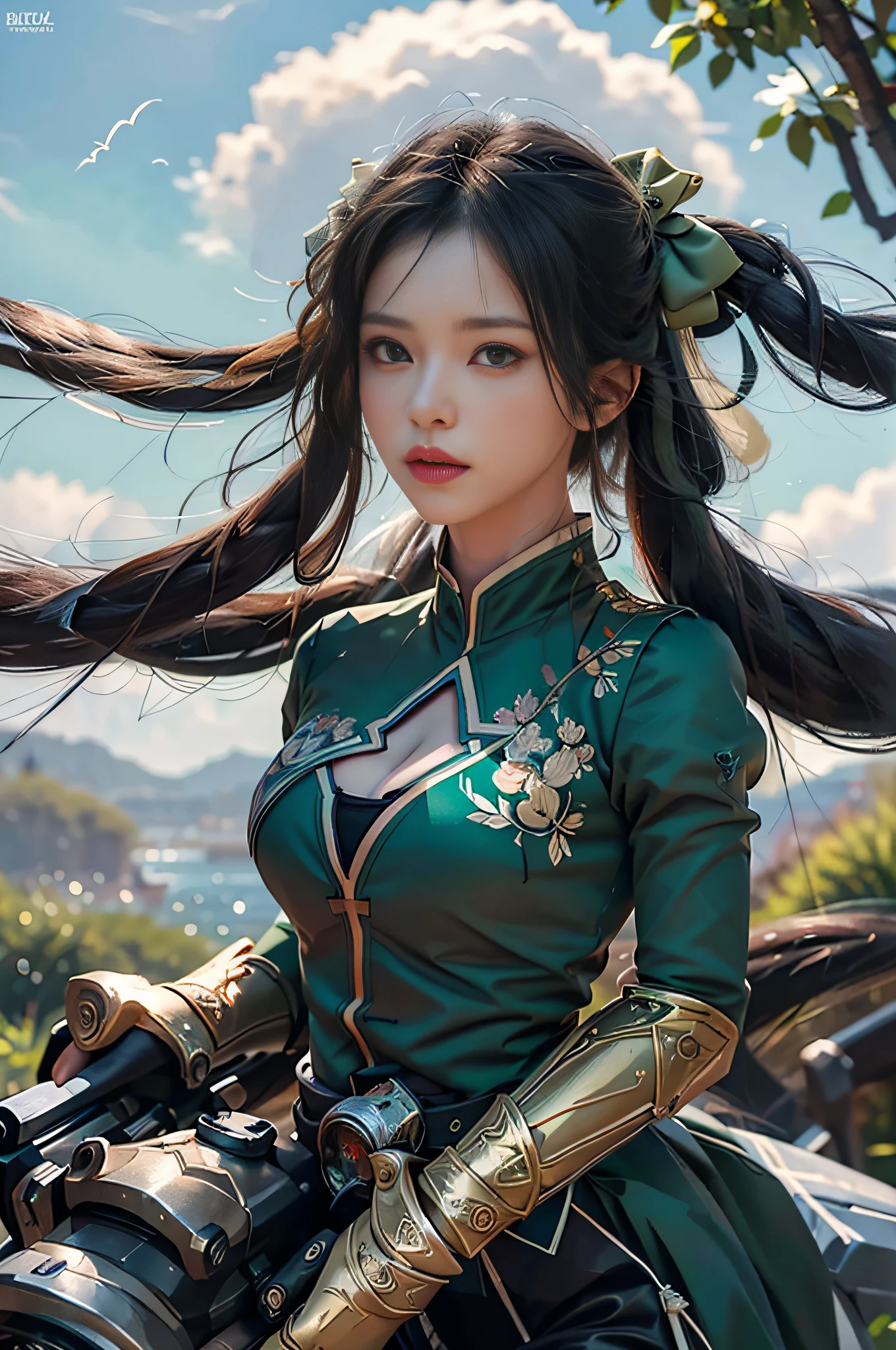 (Masterpiece, best quality, rich detail, realism: 1.3), (ulzzang-6500-v1.1:0.7), 1girl, upper body, green clothes, hold heavy type gatling, fighting, (hips, big breasts, sexy, beautiful, perfect body: 1.3)