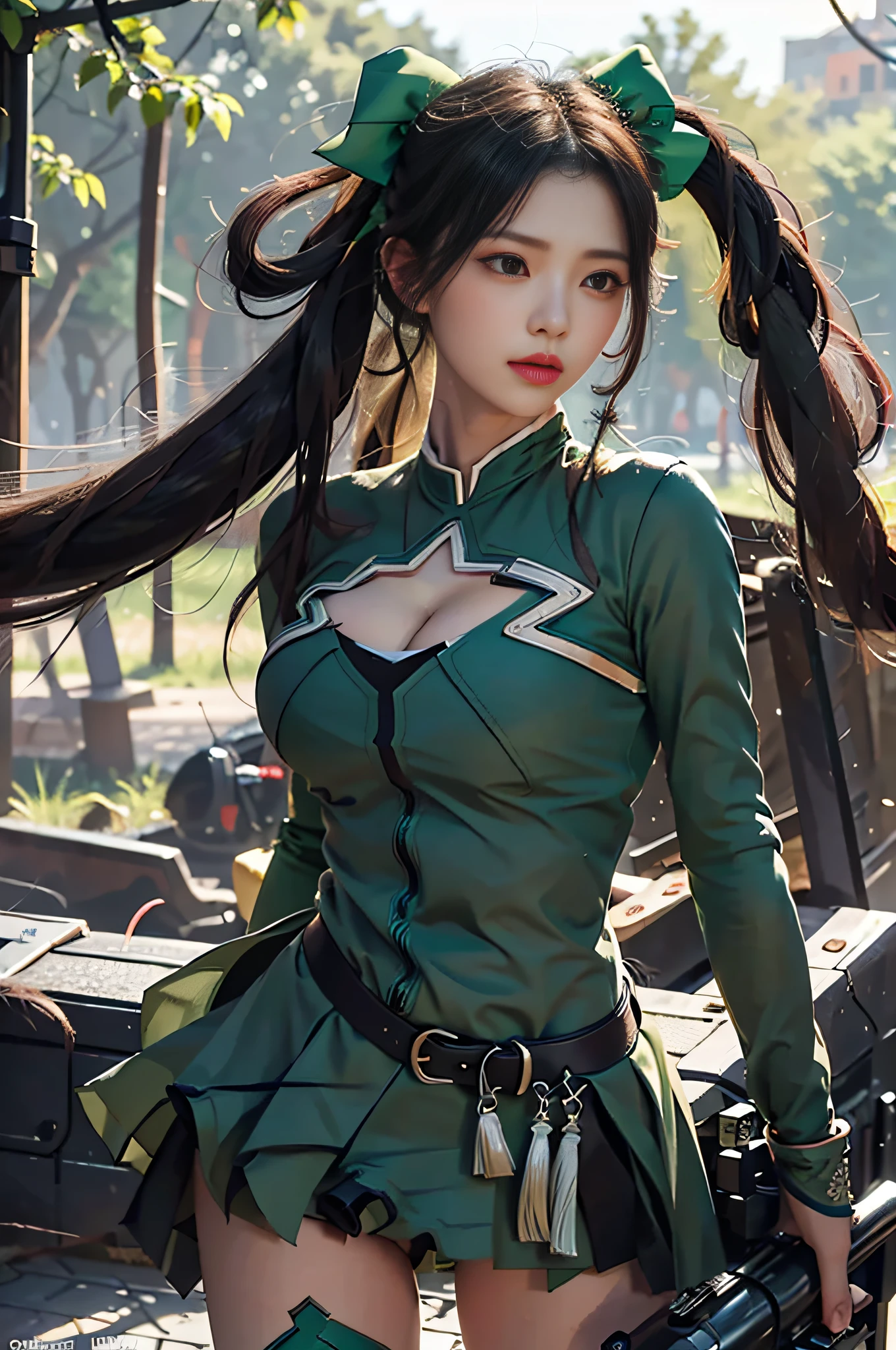 (Masterpiece, best quality, rich detail, realism: 1.3), (ulzzang-6500-v1.1:0.7), 1girl, upper body, green clothes, hold heavy type gatling, fighting, (hips, big breasts, sexy, beautiful, perfect body: 1.3)