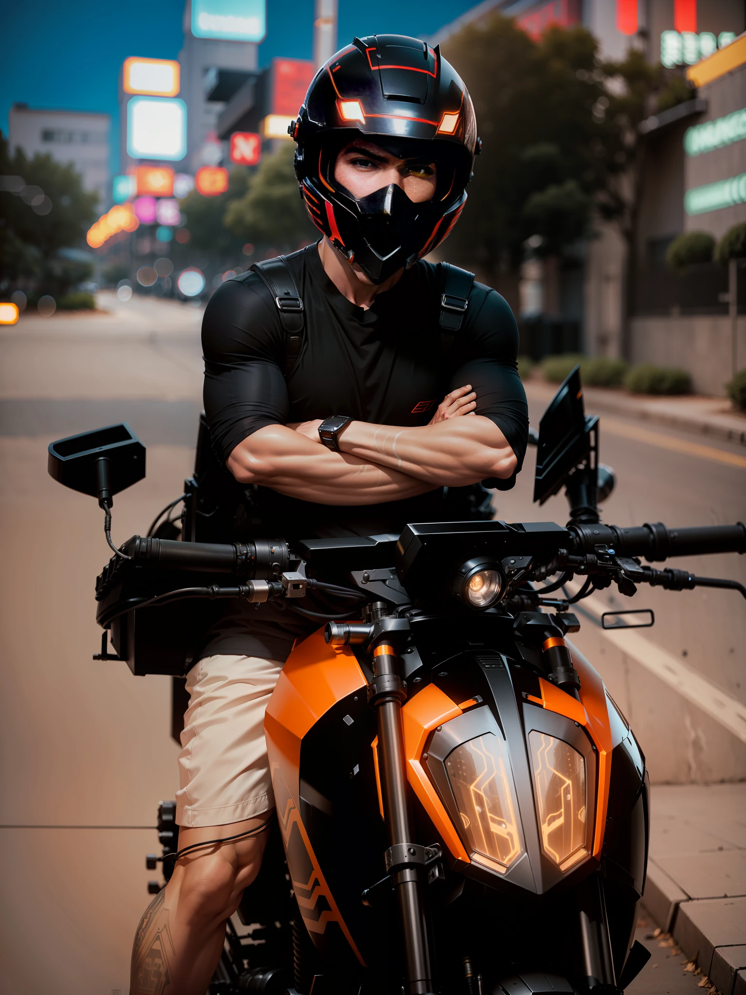 Cyber Male Warrior and Cyber Tech Mechanical Motorcycle, mighty Male Warrior, Nousr, Biomechanics, MSHN Robot Man, Cyber Tech Full Surrounded Black Helmet, Surreal, Steel, Intricate Design, Crazy Details, Fine Details, Extremely Clear Lines, Cinematic Lighting, Photo Realistic, Detailed Masterpiece
