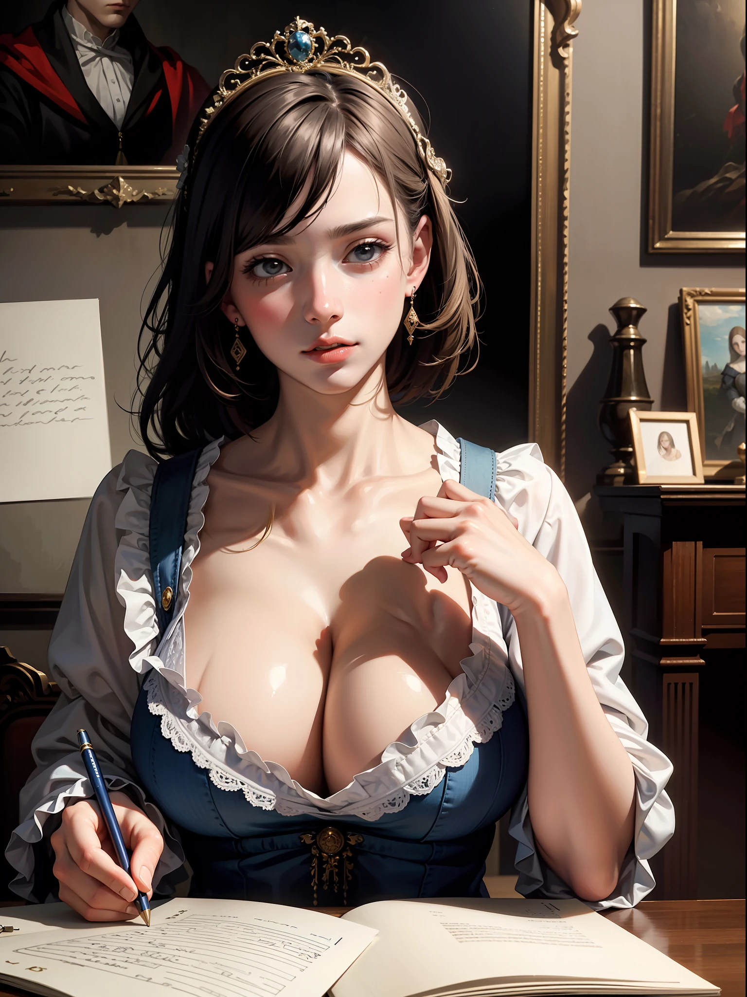 masterpiece, hyper photorealistic, renaissance style, Lost in thought while writing a letter, super ultra huge enormous breasts, super detailed, high definition