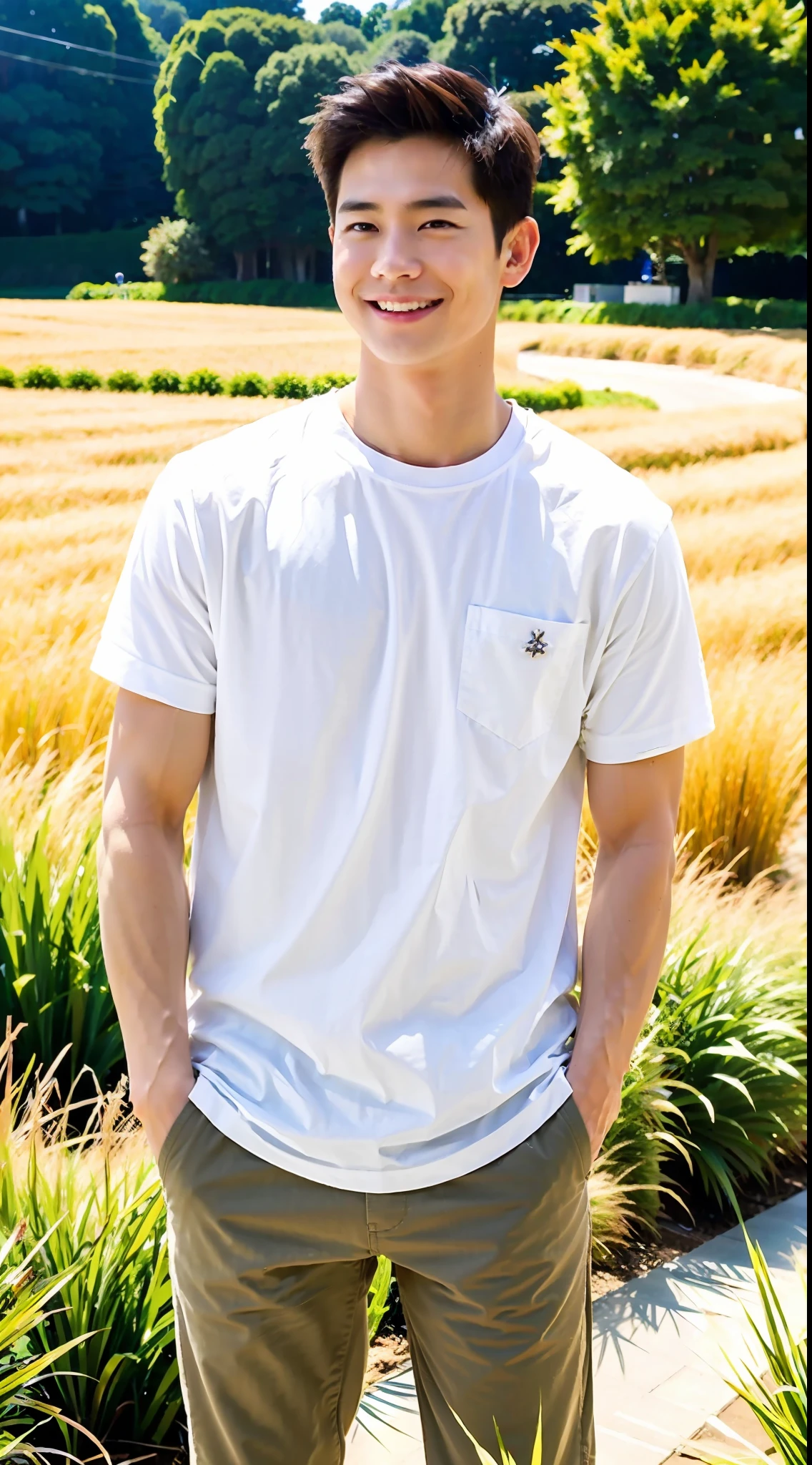 Best Quality, Ultra High Resolution, (Realistic:1.4), Masterpiece, Blurred Background ,Muscle, Solo, 1 Boy, Young , Standing, White Skin, Shirt, Posing, Facial Focus, Smile, Shut Up, in Golden Rice Paddie