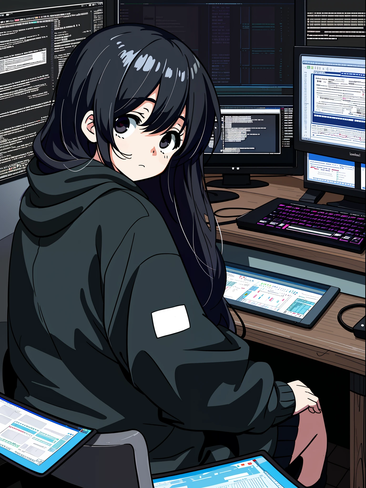 1girl, programming language personification, cute girl, deep black eyes, sitting facing computer screen, looking back, closed room, tech, NEET girl, stressed out, dark room, coding
