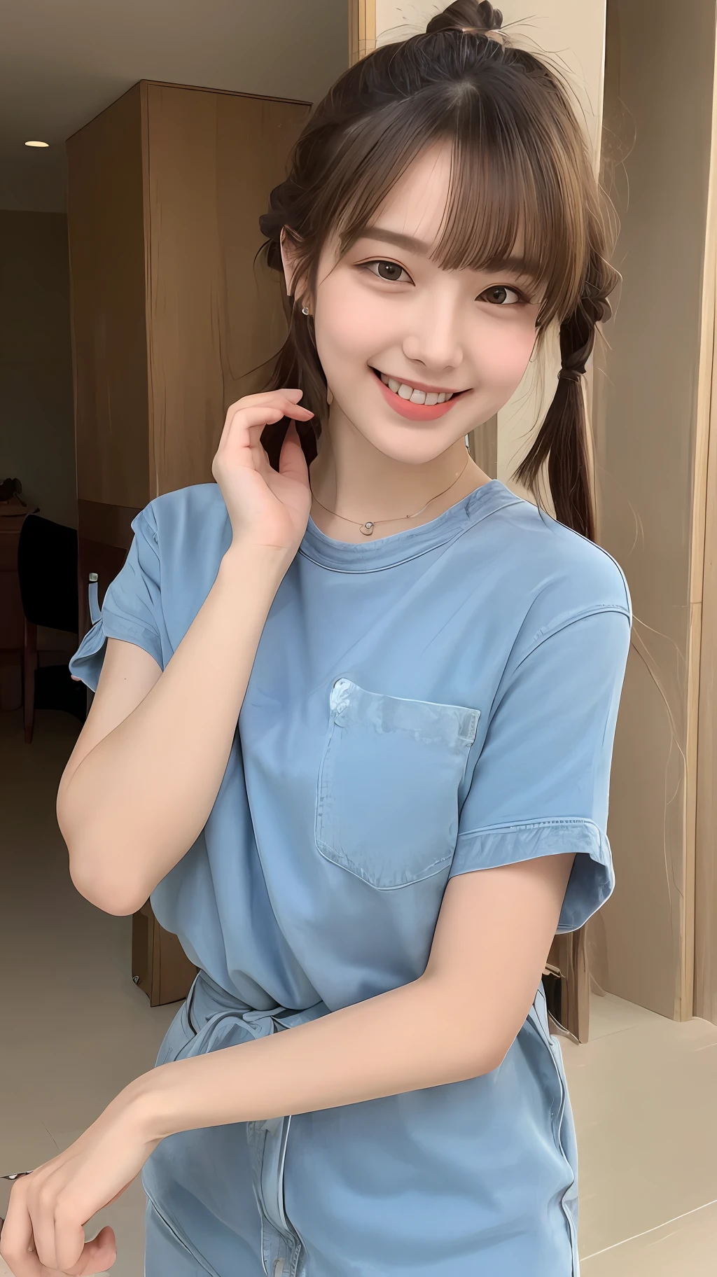 ((Best Quality, 8K, Masterpiece: 1.3)), 1girl, Superb Body, (Casual Hairstyle, ), Casual Clothes, Super Fine Face, Detailed Eyes, Smile, Home, Full Body Shot