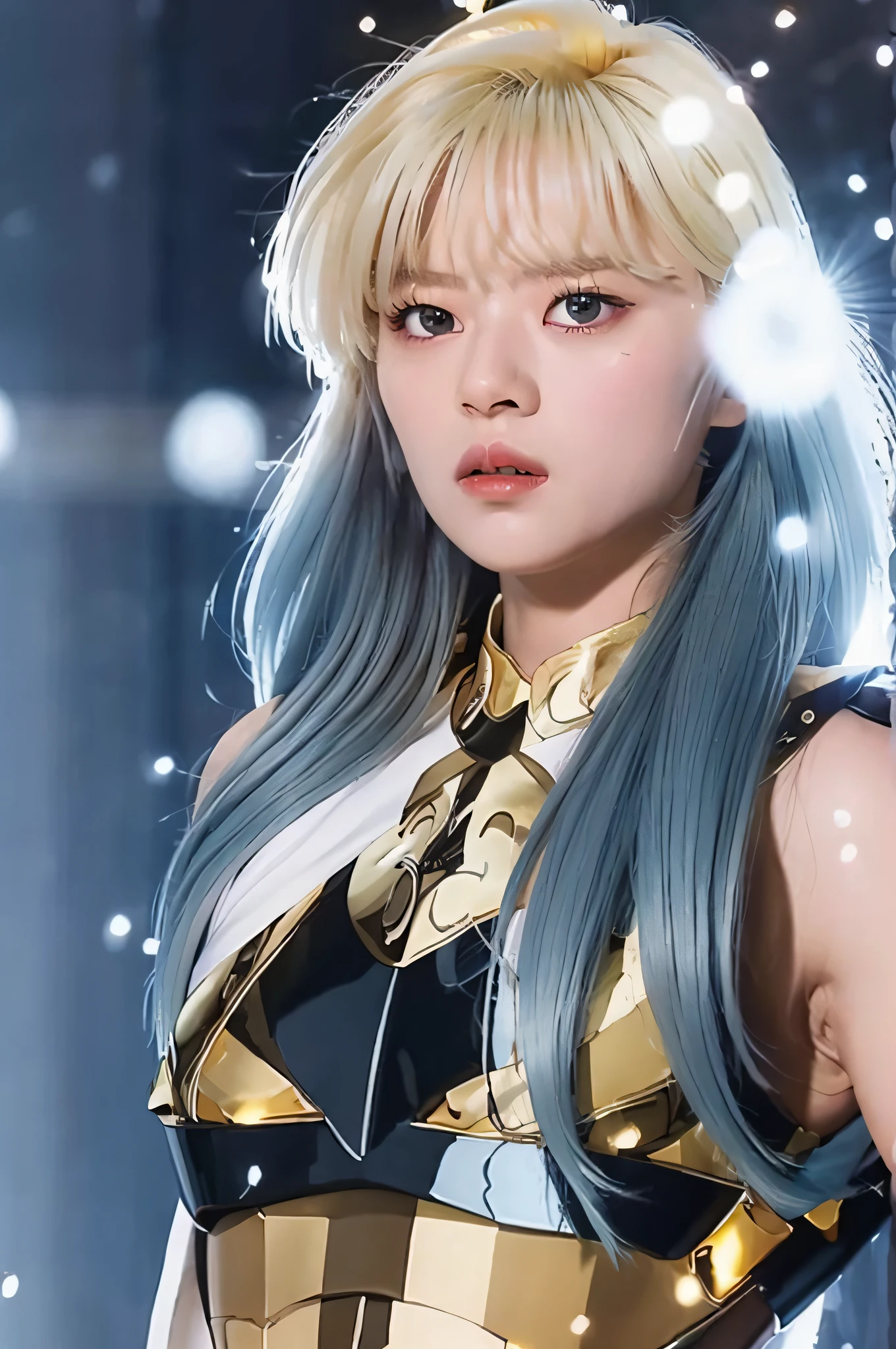 TWICE Jeongyeon, masterpiece, best quality,highly detailed RAW color Photo, sharp focus, 8k high definition, 1girl, long hair, turtle neck, close up photo, female wearing armor, light blue hair, helmet, leg armor, shoulder armor, long hair, yellow armor, reflection on armor, headset, yellow head band, sparking armor, white skin tight transparent vinyl, at night, from lower, AquariusArmor, standing strait, (gold armor:1.2) moonlight reflection, sacredness , landscape, bright (facial freckles:0.1), to8contrast style, posing in a dark studio, (rim lighting,:1.4) two tone lighting, octane, unreal, dimly lit, (low key:1.3).