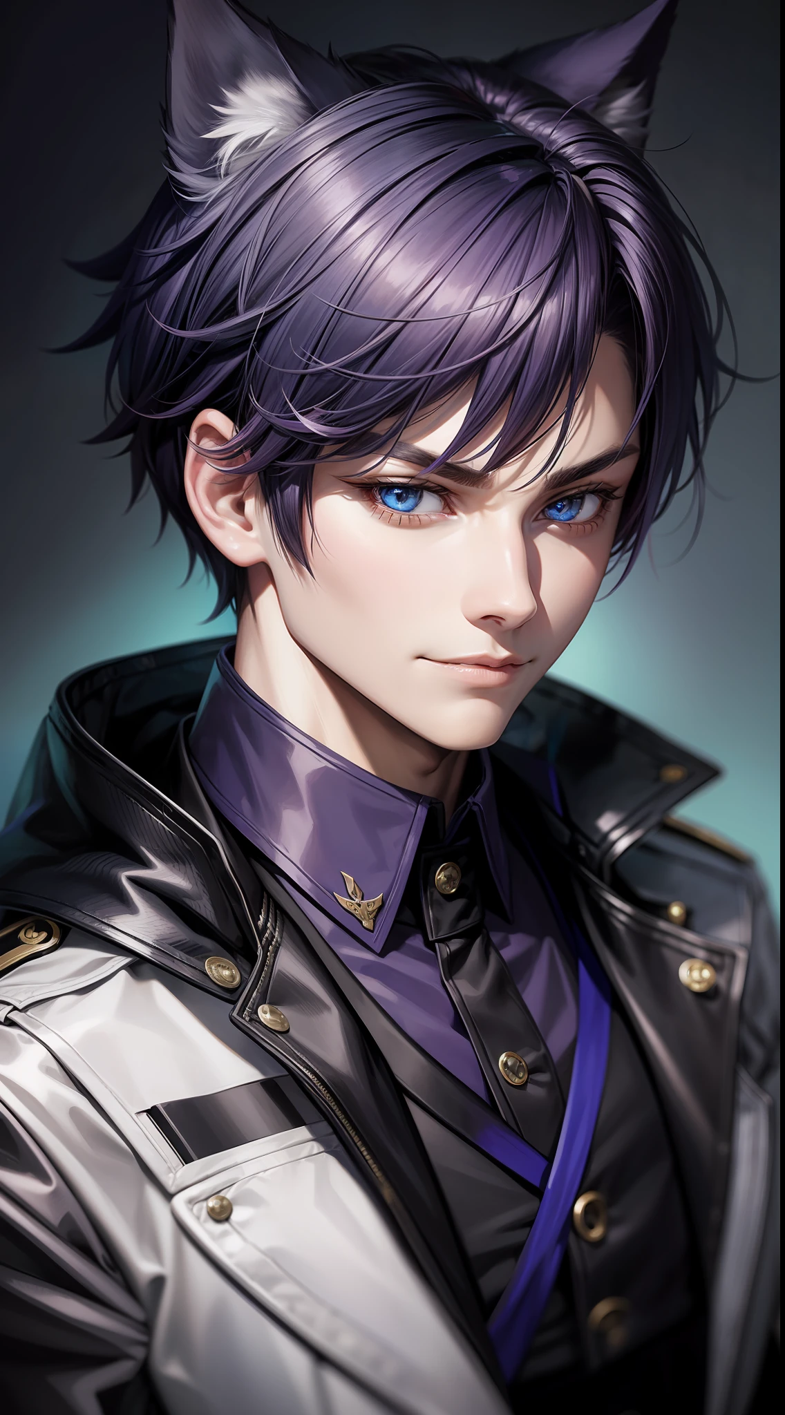 Young guy, short purple hair, blue eyes, wolf ears, dark officer's uniform, smirk, masterpiece, high quality