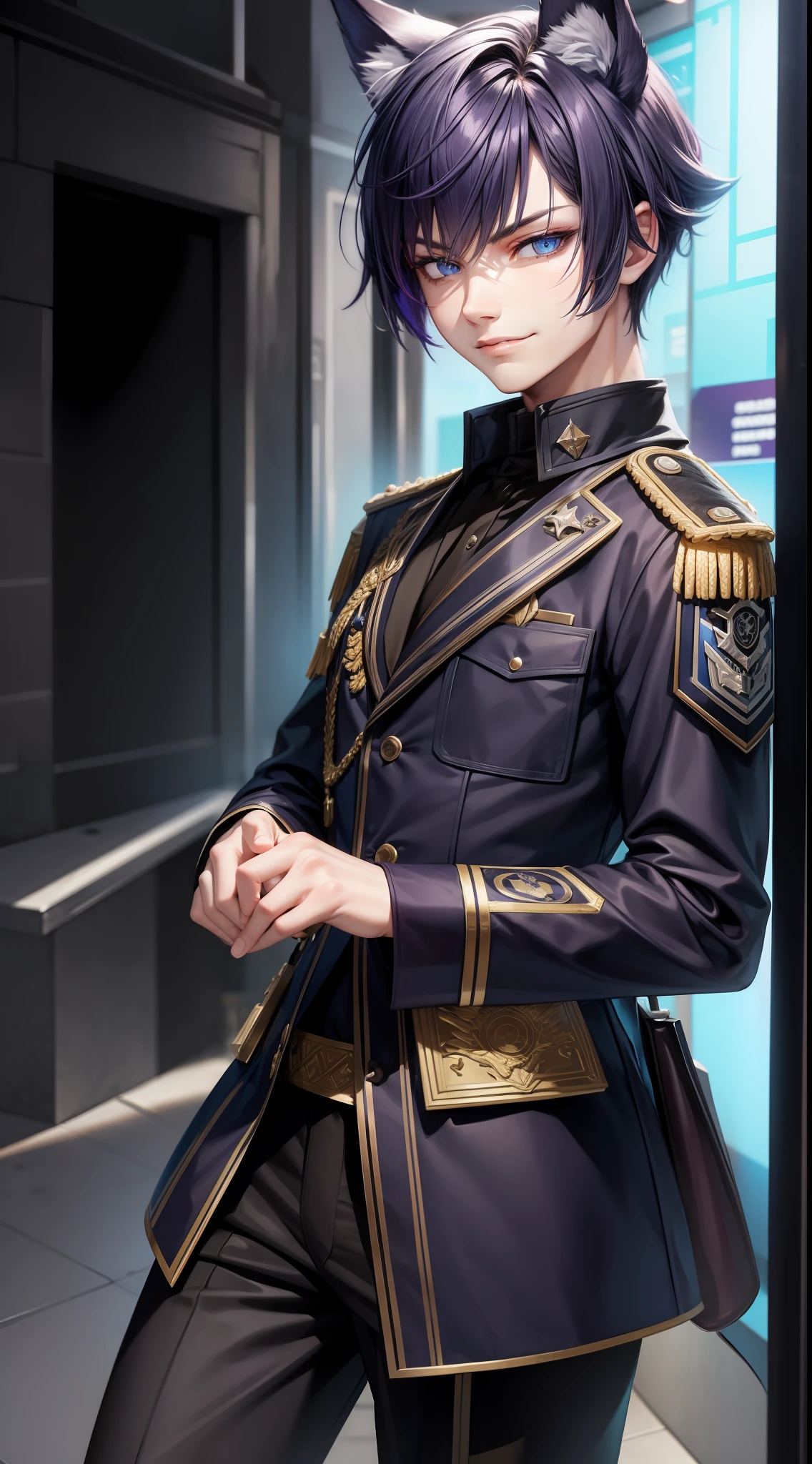 Young guy, short purple hair, blue eyes, wolf ears, dark officer's uniform, smirk, masterpiece, high quality
