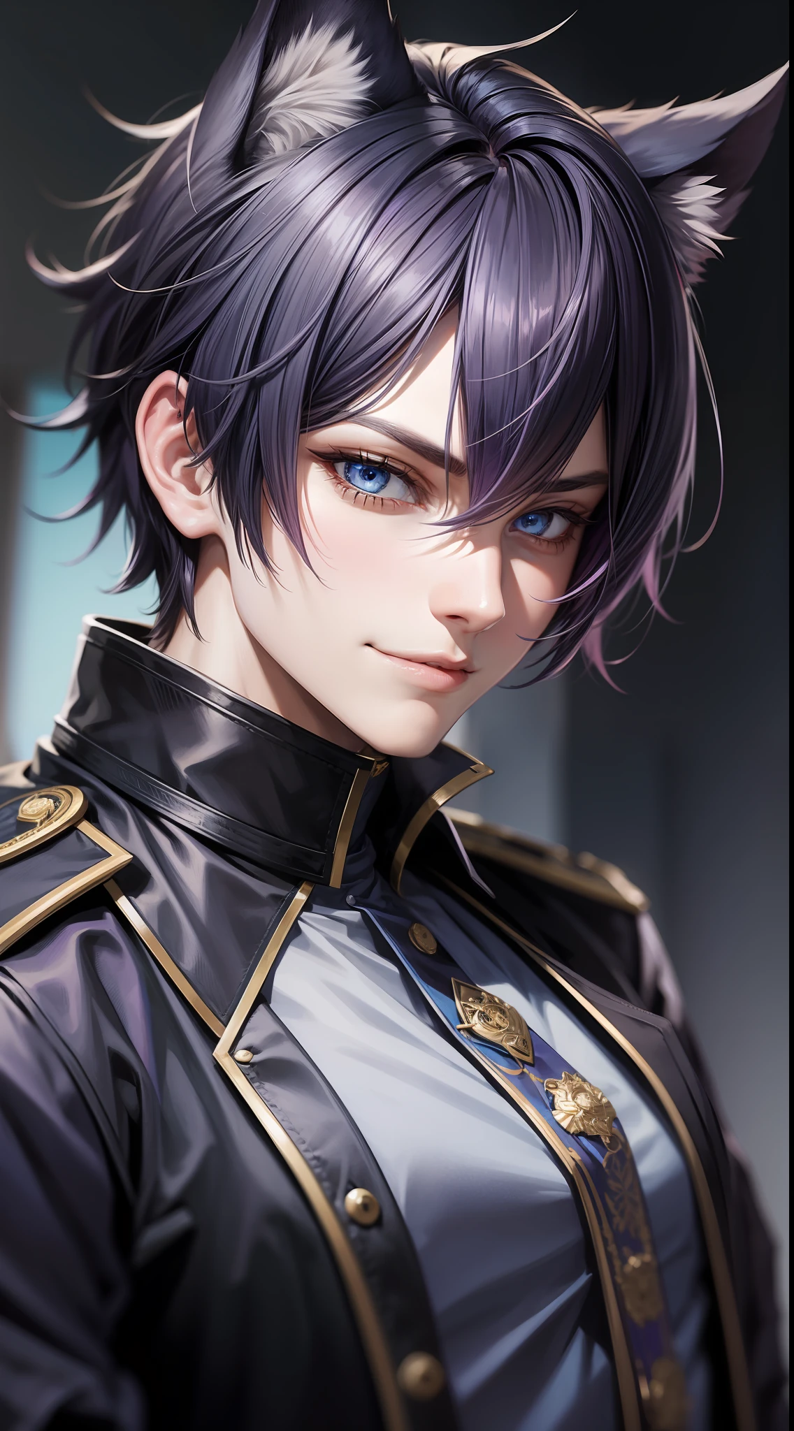 Young guy, short purple hair, blue eyes, wolf ears, dark officer's uniform, smirk, masterpiece, high quality