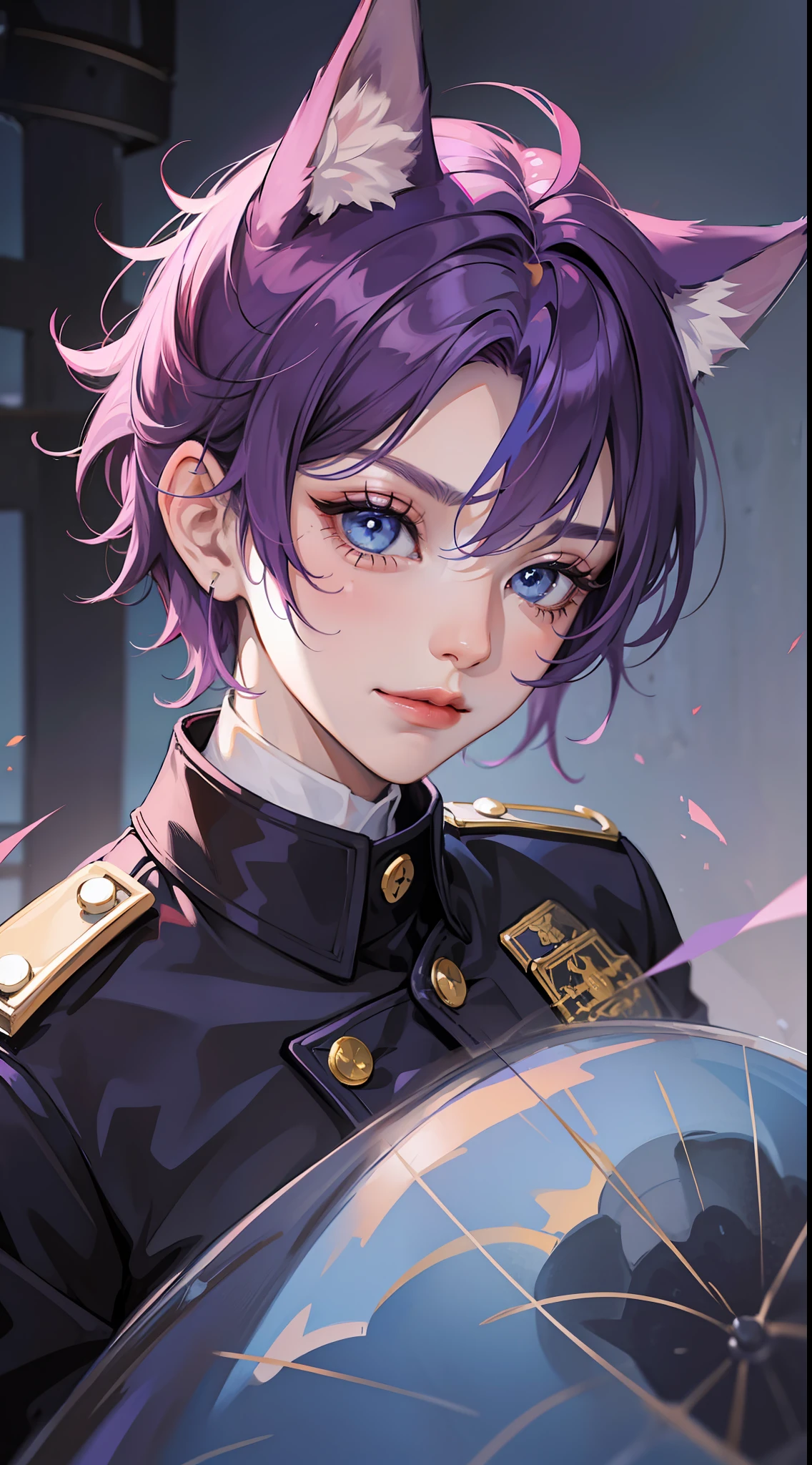 Young guy, short purple hair, blue eyes, wolf ears, dark officer's uniform, smirk, masterpiece, high quality