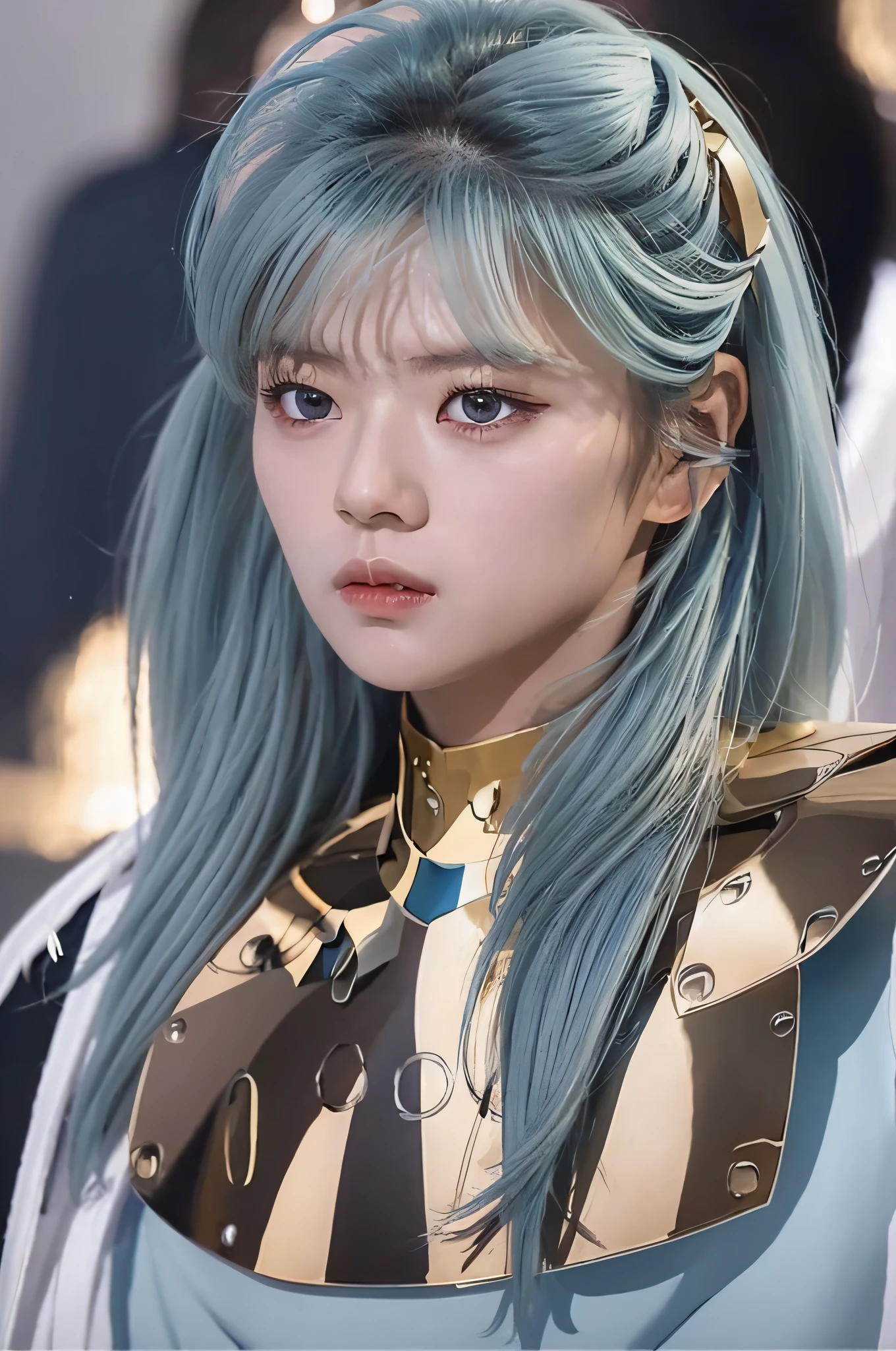 TWICE Jeongyeon, masterpiece, best quality,highly detailed RAW color Photo, sharp focus, 8k high definition, 1girl, long hair, turtle neck, close up photo, female wearing armor, light blue hair, helmet, leg armor, shoulder armor, long hair, yellow armor, reflection on armor, headset, yellow head band, sparking armor, white skin tight transparent vinyl, at night, from lower, AquariusArmor, standing strait, (gold armor:1.2) moonlight reflection, sacredness , landscape, bright (facial freckles:0.1), to8contrast style, posing in a dark studio, (rim lighting,:1.4) two tone lighting, octane, unreal, dimly lit, (low key:1.3).