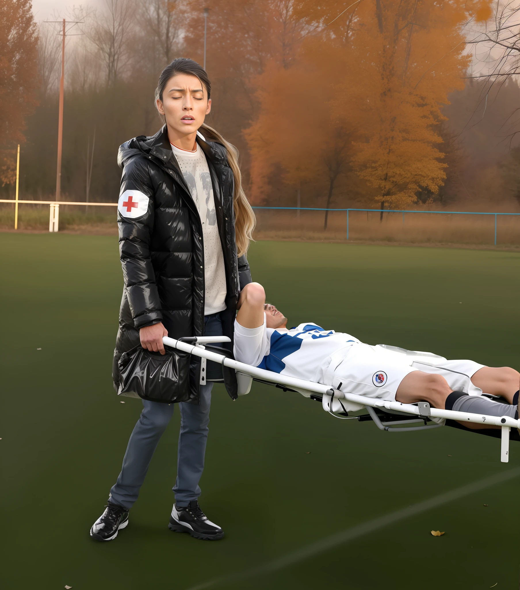 there is a sportsman in white shorts and a white t-shirt lying injured on a stretcher, there is an injured sportsman who is covering his face on a stretcher, an injured sportsman is covering his face with his hands, an injured sportsman is writhing in ecstasy on a stretcher, dramatic pity pose, there is a latino woman in a high-shine puffy coat, a high-shine black down coat, a long black moncler coat, a wetlook down coat, a wet black aquered coat, a latino wife is wearing a wetlook black uniform, injured, medic, laura sava, anna nikonova, very professional, by Dietmar Damerau, alexandra fomina, soccer action pose, affection pose, lecherous action pose, dramatic action pose, theatralic pose, there is an attractive woman that is carrying a skinny man, there is a beautiful woman in a shiny coat who is carrying a blond man in her arms, a longhaired beautiful woman in a high-shine black puffy coat, a longhaired woman in a shiny downcoat, a woman is carrying a shorthaired man who is wearing shorts and a t-shirt, a weak man in spots shorts is consciousless and needs to be carried, a shorthaired man with closed eyes is carried in the arms of a longhaired woman, a woman looks very scared and terrified, a consciousless man with closed eyes is suffering very much and has a very painful face, photo, photo shoot, photographed , accident, help, aid, first aid, pity, Sofya Emelenko