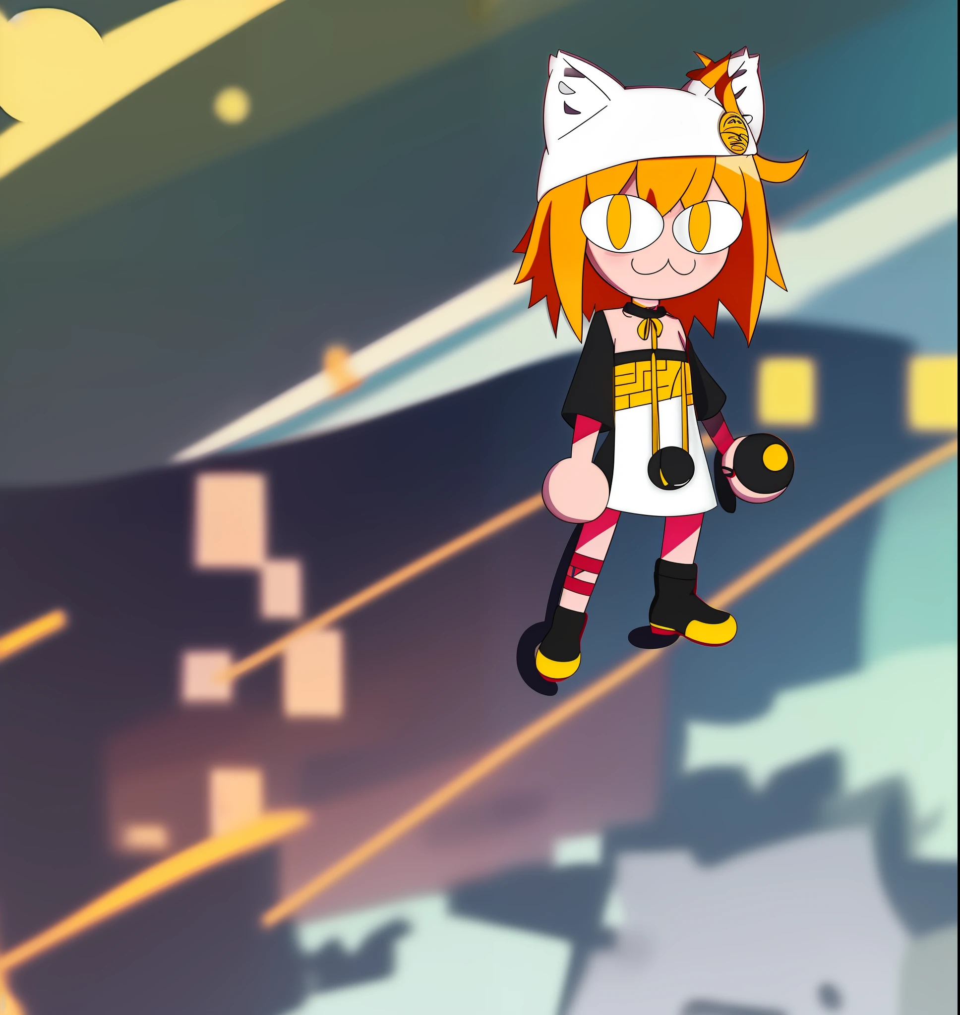 necoarc, middle finger, full body, 1girl, :3, cat ears, full body, chibi, cat girl, cat tail, solo, slit pupils, pillow hat, hair flaps, gold eyes, tube top and lowleg shorts, 2d, cartoon, anime coloring