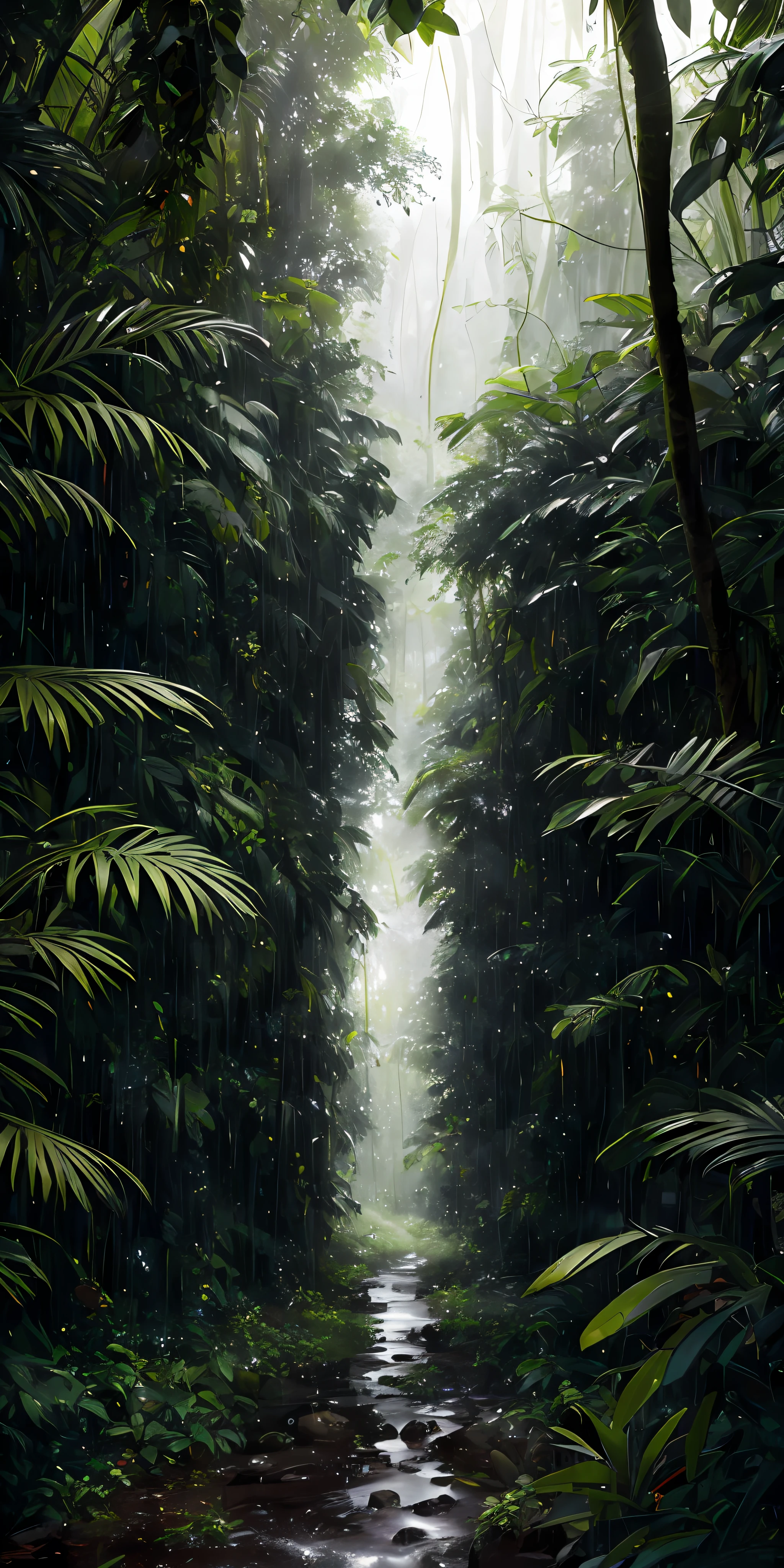 Professional photography, realistic, jungle, heavy rainfall, monochrome, vines everywhere, huge and wet trees, masterpiece, best quality, high quality, very detailed CG uniform 8k wallpaper, oil painting, award winning photography, bokeh, depth of field, HDR, bloom, chromatic aberration, realism, very detailed, trends on artstation, trends on CGsociety, intricacies, high detail, drama, midjourney art, volumetric lighting