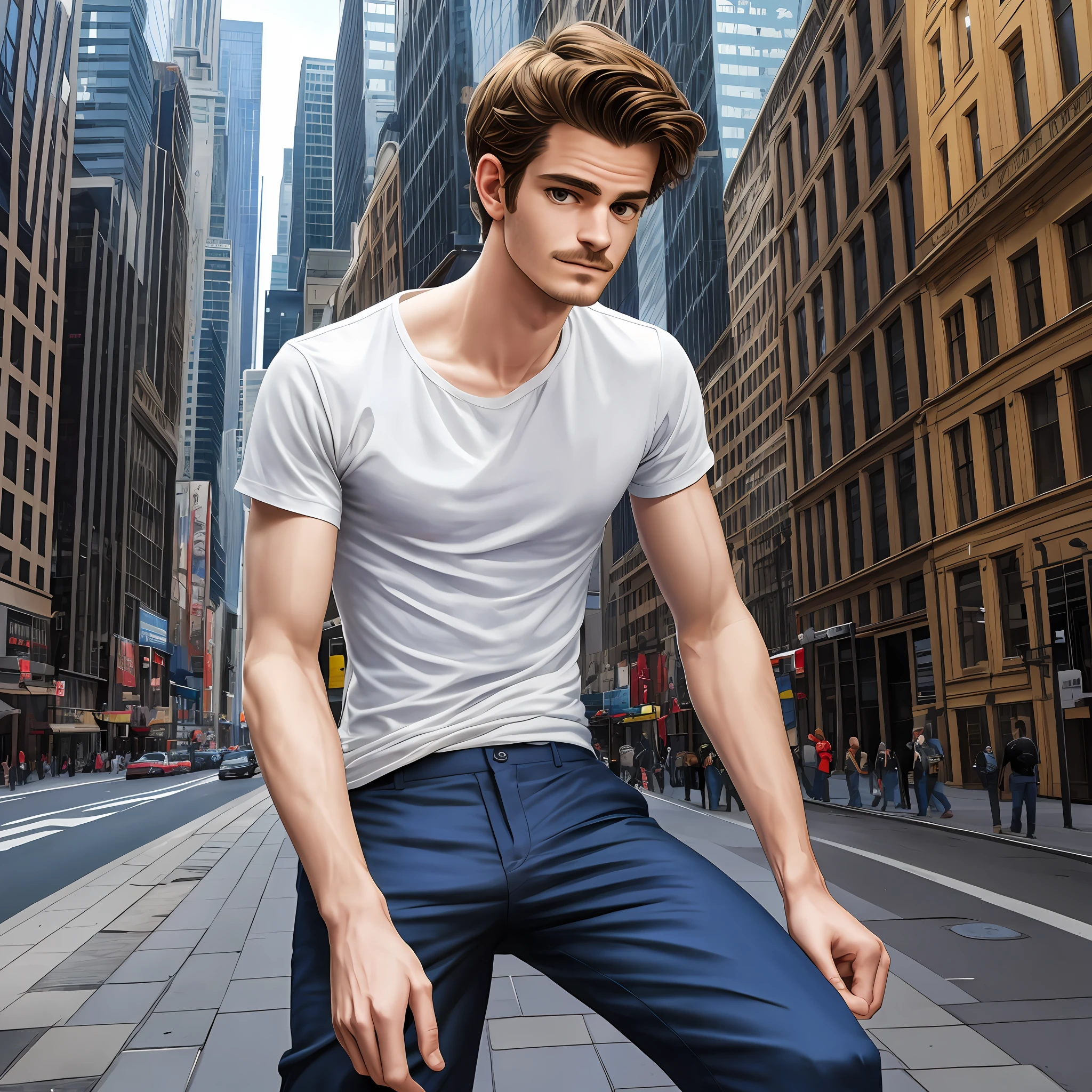 andrew garfield, young, 4k, upscale, ultra realisitic, cartoon, peter parker, natural face, beaturiful body, perfect hands, perfect body, perfect legs, 12k, 8k, in the city, perfect framing, modern art, modern style, modern clothes, with beard, with mustache on face, realistic mustache, realistic beard, goatee