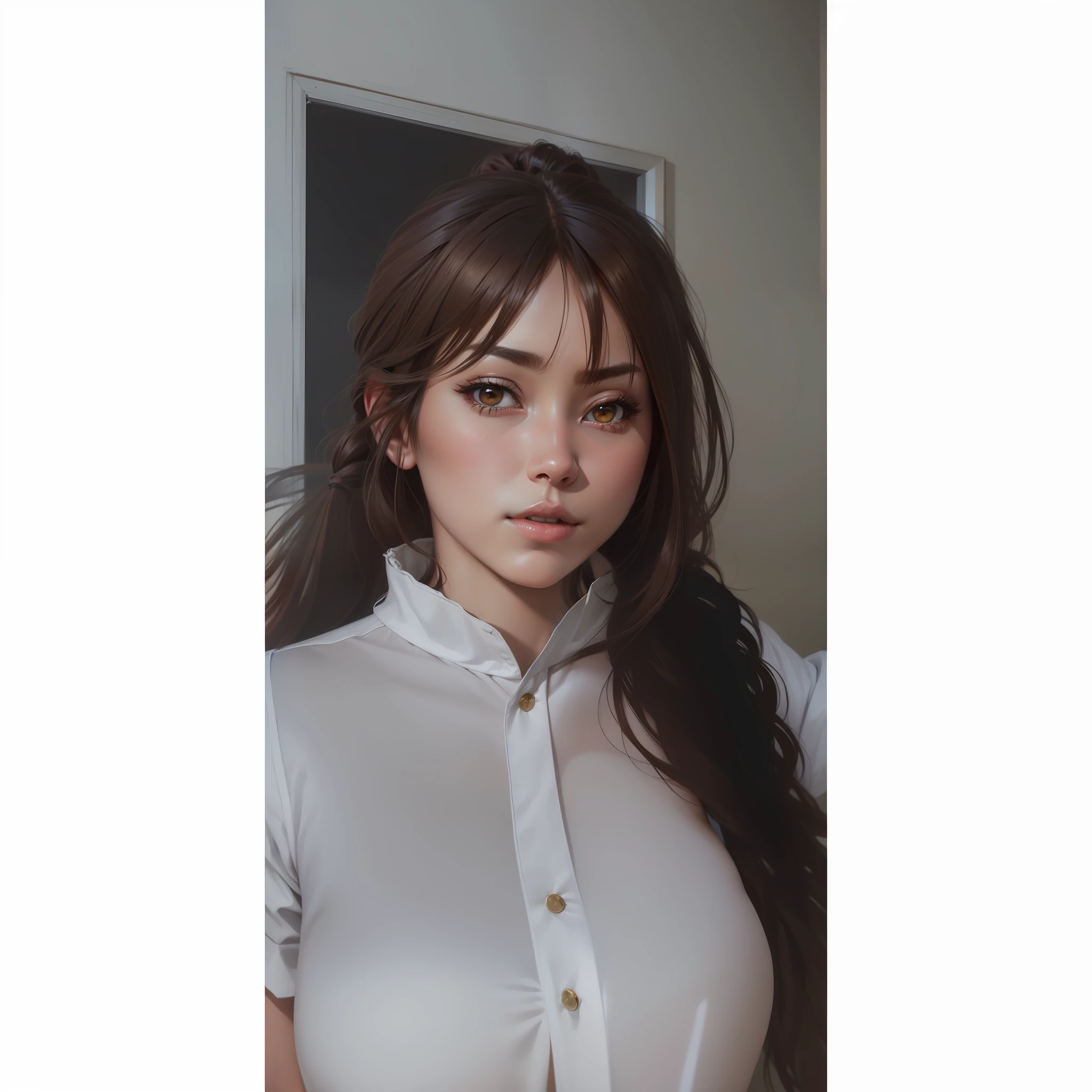 masterpiece, best quality,(realistic, photo-realistic:1.37), Suyu, 1girl, breasts,wide hips,large hips, solo, cleavage, looking at viewer, brown hair, ponytail,full shot,expand photo