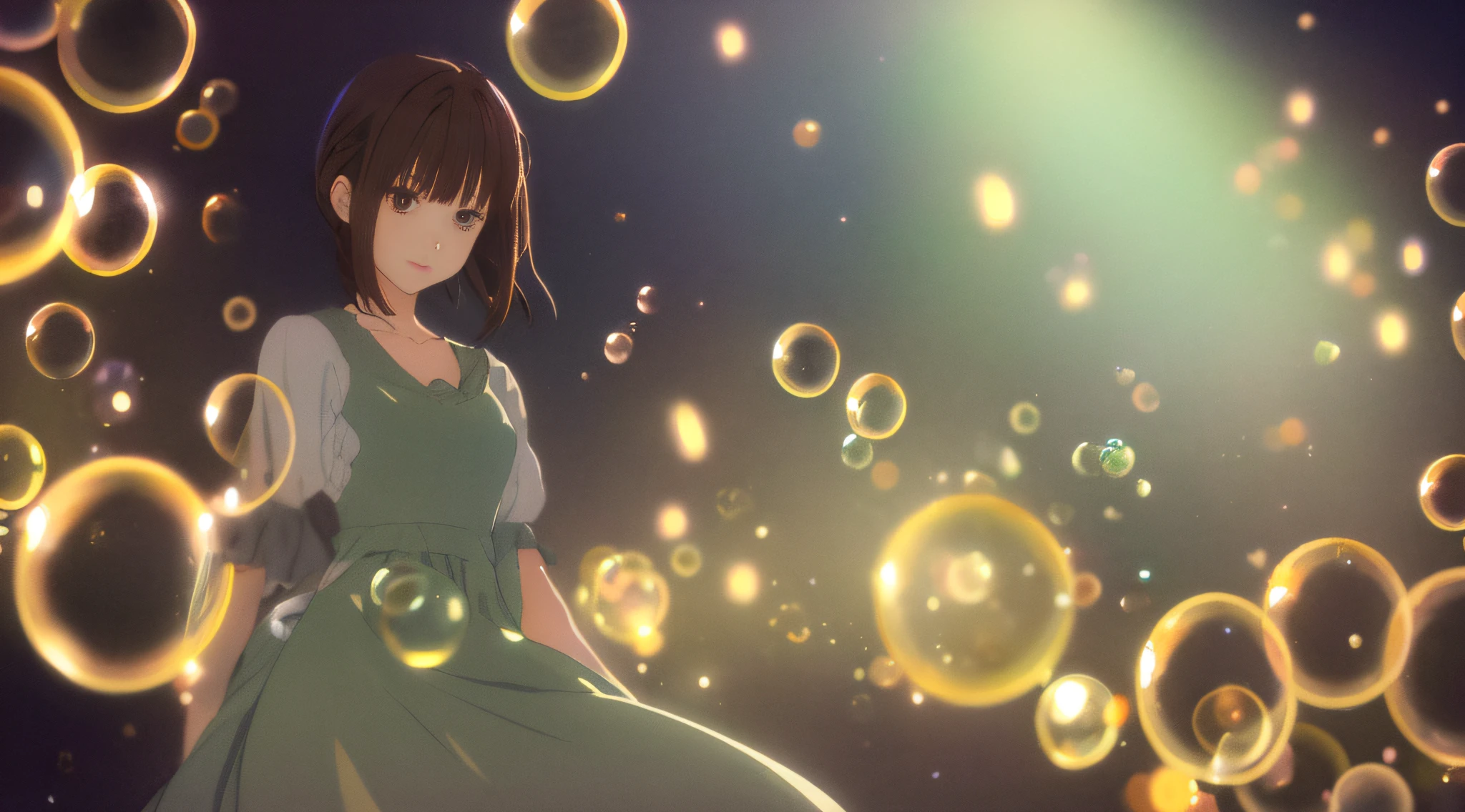 Detailed illustration in anime style, very cute young woman, solo, very short brown hair, perfect round gray eyes, wearing a gray dress, surrounded by a lot of small perfectly round soap bubbles, very dark fantastic background, fantastic lighting, dramatic backlighting, Makoto Shinkai anime style