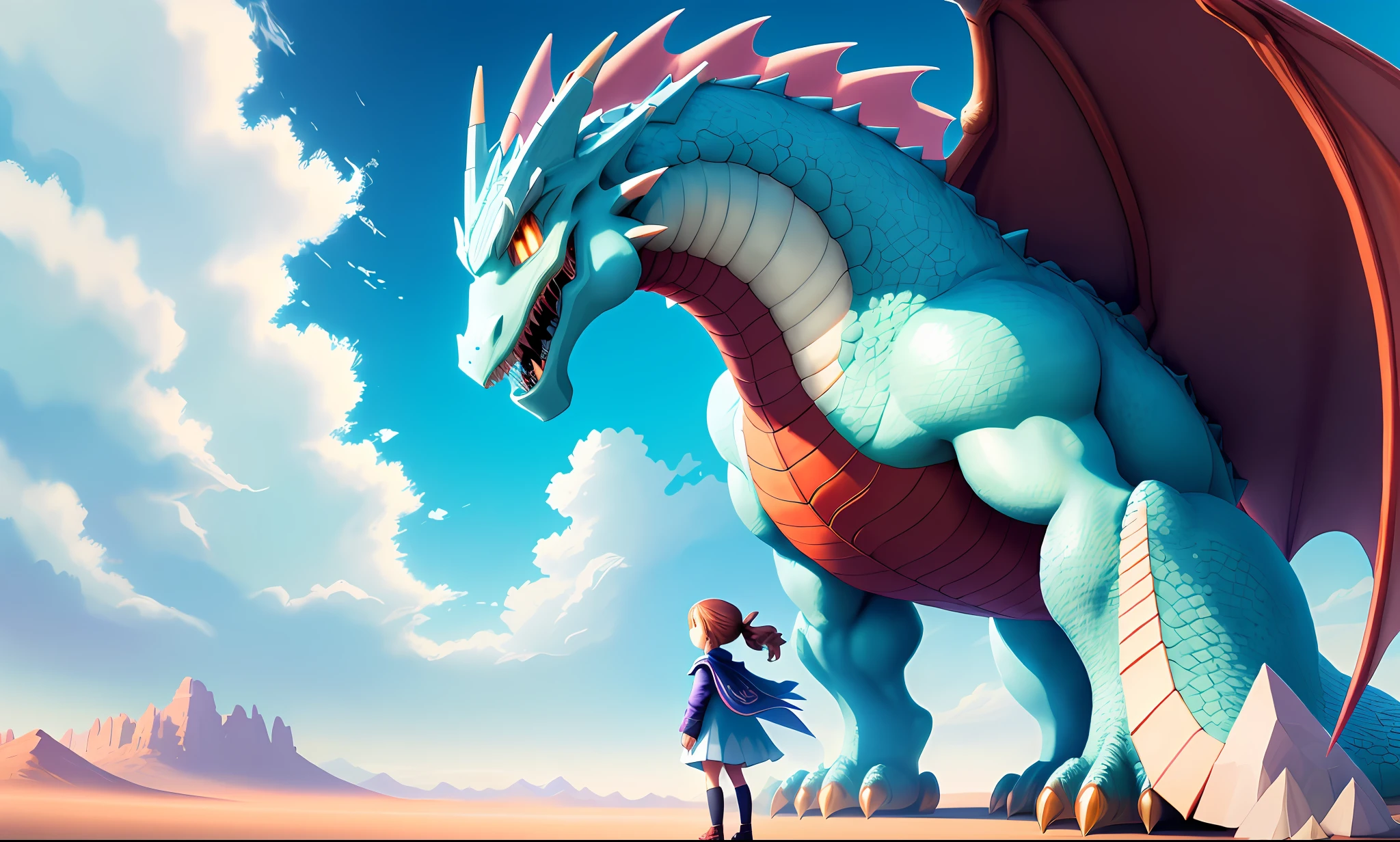((Best Quality))), a huge dragon with a mysterious in a cape standing in front of it, crystal eyes, desert, light blue sky, fresh color, Pokemon style