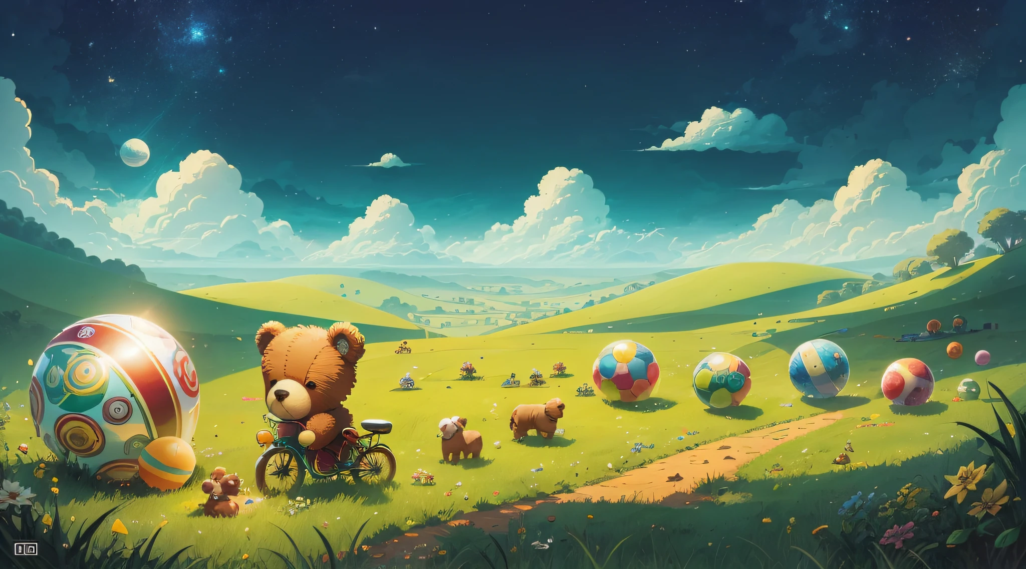 In the vast verdant plains, a wide variety of toys are scattered in a clutter, including spherical toys, literary books, cute teddy bear statues, and tiny bicycles. The vista exudes tranquility and harmony as toys are scattered across the terrain. --auto --s2