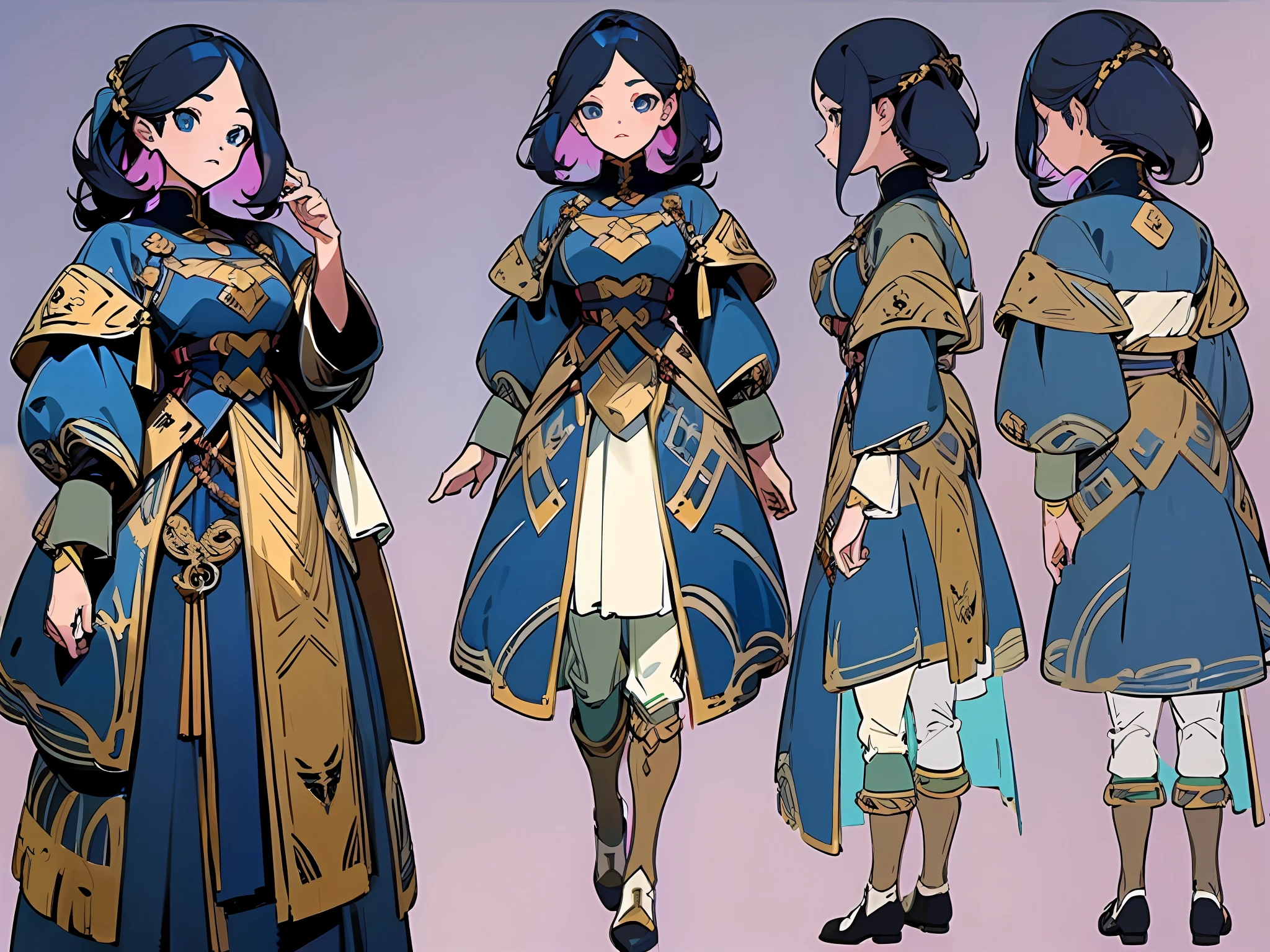 ((masterpiece)), (((best quality))), (character design sheet, same character full body, front, side, back), illustration, 1 girl, stunning facial features, uniform hair color, hairstyle, costume, medieval dress (simple background, white background: 1.3)