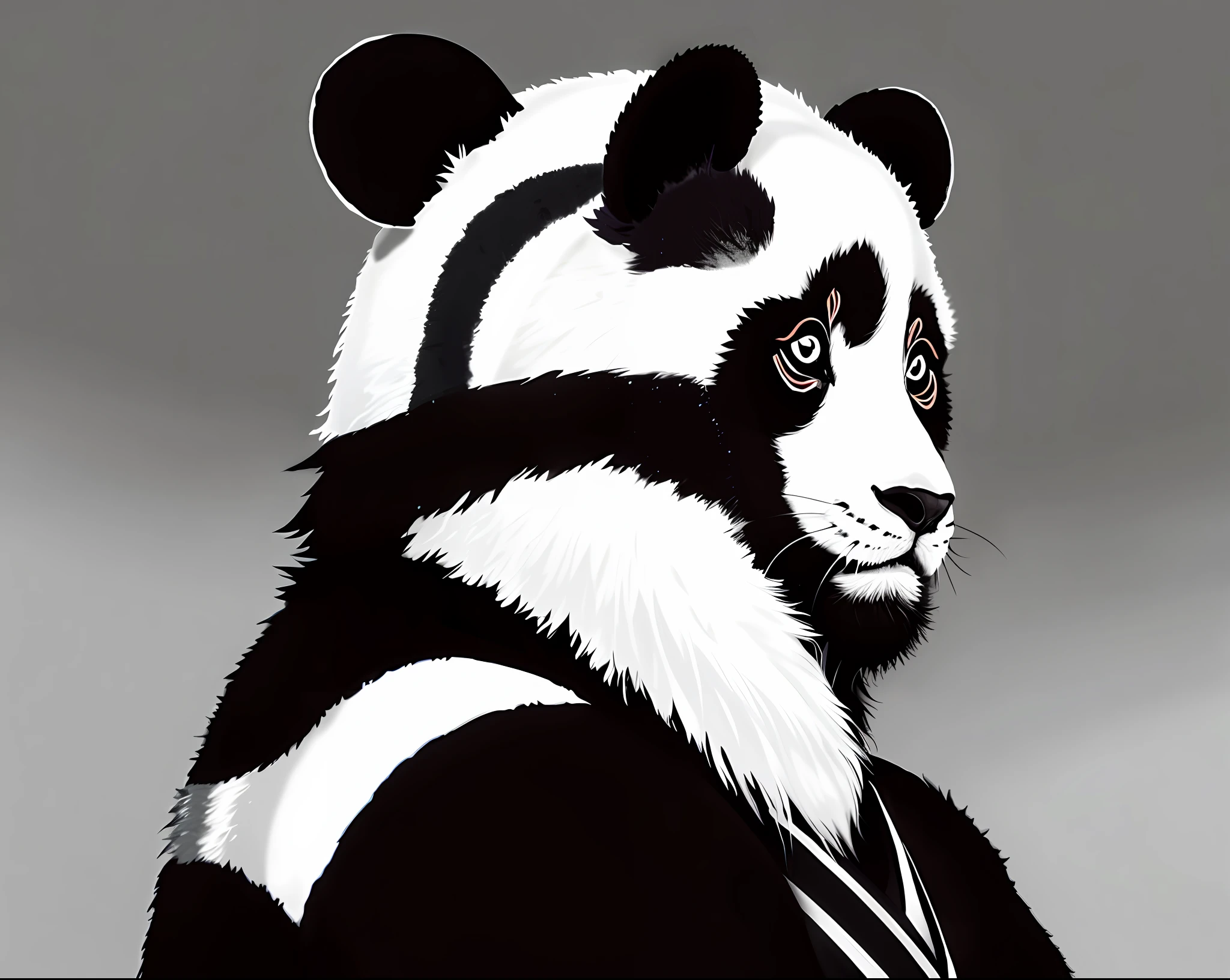 Samurai panda, wearing headphone jack (black and white photo)