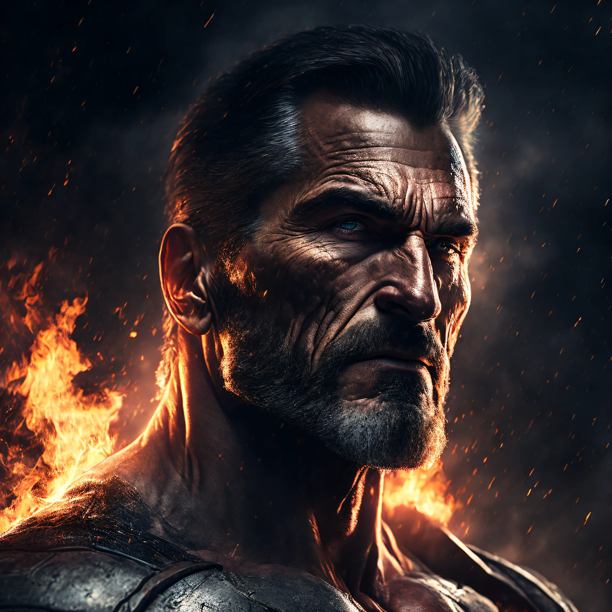 Hero, 40 Years, Jacked, Square jawline, Painful, Strength, Fog, Flames, Toughness, Unreal Engine, UE5, Film, Very Detailed, SONY A7iii, 85mm Focal, f/1.8, Cintan Render + Ultra Realistic, Photos