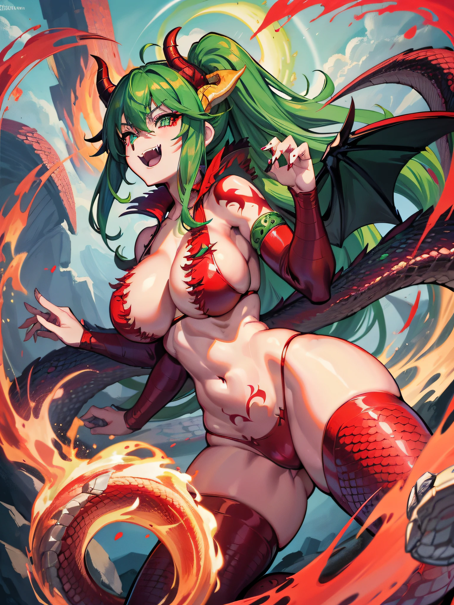 Dragon maid, emerald eyes, red hair, (skin of scales), red dragon tail, navel, belly button, warlike smile, very huge breasts, cleavage, fangs, dragon wings, sharp claws, red tattoo, dragon horns, snake-like eyes