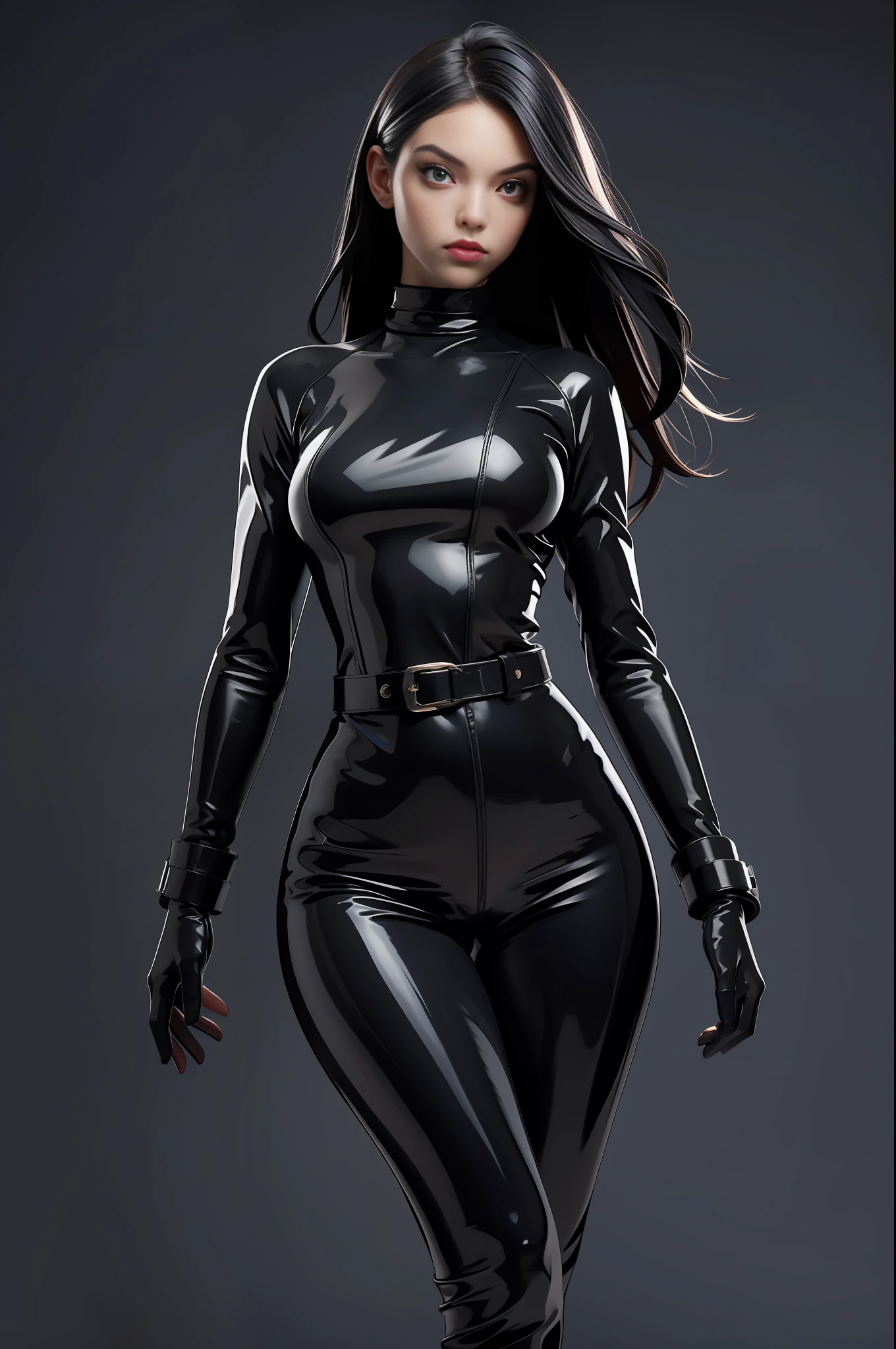 portrait picture Unreal Engine 5 8K UHD of beautiful female, black tight latex catsuit, two leather belts on hip, latex body harness, latex long sock, latex long glove, arm cuffs on biceps and wrists, leg cuffs on thighs and ankles,, beautiful make up, best quality, masterpiece