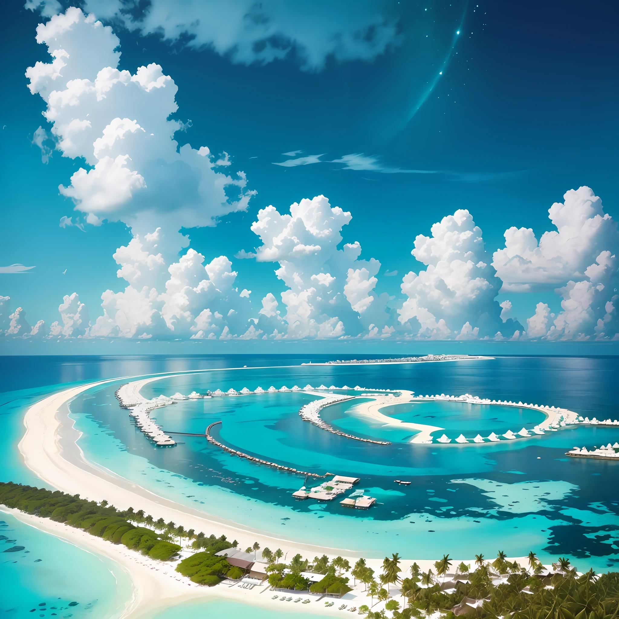 Maldives, turquoise sea, white sand, green planting, winding paths, open horizons, flocks of seabirds, jade water, starry sky, pure sky, ink painting, like a fairyland
Prompt2:
(Beautiful) Maldives, tropical sea --auto --s2