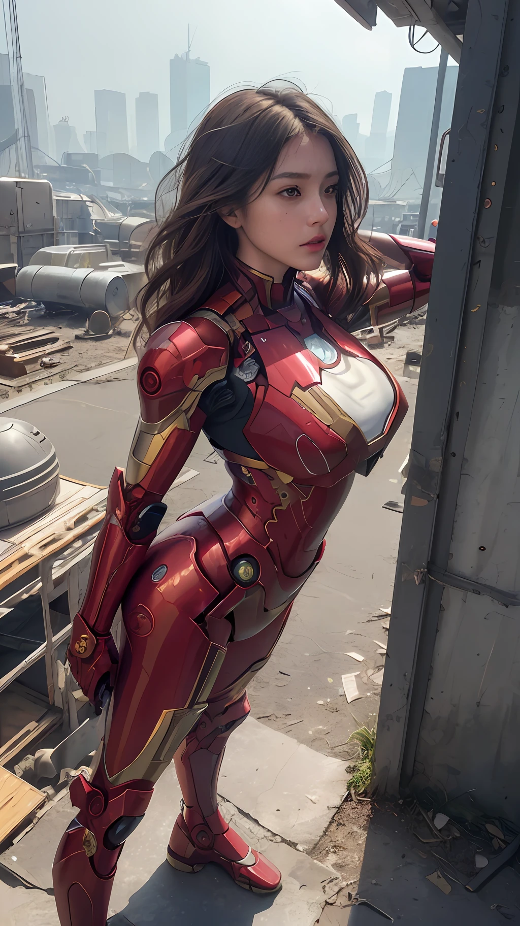 RAW, Masterpiece, Super Fine Photo,, Best Quality, Ultra High Resolution, Photorealistic Photorealism, Sunlight, Full Body Portrait, Amazing Beauty,,Dynamic Pose,Delicate Face,Vibrant Eyes,(from the side), She Wears Futuristic Iron Man Mech, Red and Gold Color Scheme, Very Detailed Abandoned Warehouse Background, Detailed Face, Detailed Complex Busy Background, Messy, Gorgeous, Milky White, Highly Detailed Skin, Realistic Skin Details, Visible Pores, Sharp Focus, Volume Fog, 8K UHD, DSLR, high quality, film grain, fair skin, photo realism, lomography, huge metropolis in future dystopia , seen from below, translucent, (without leaking big breasts)