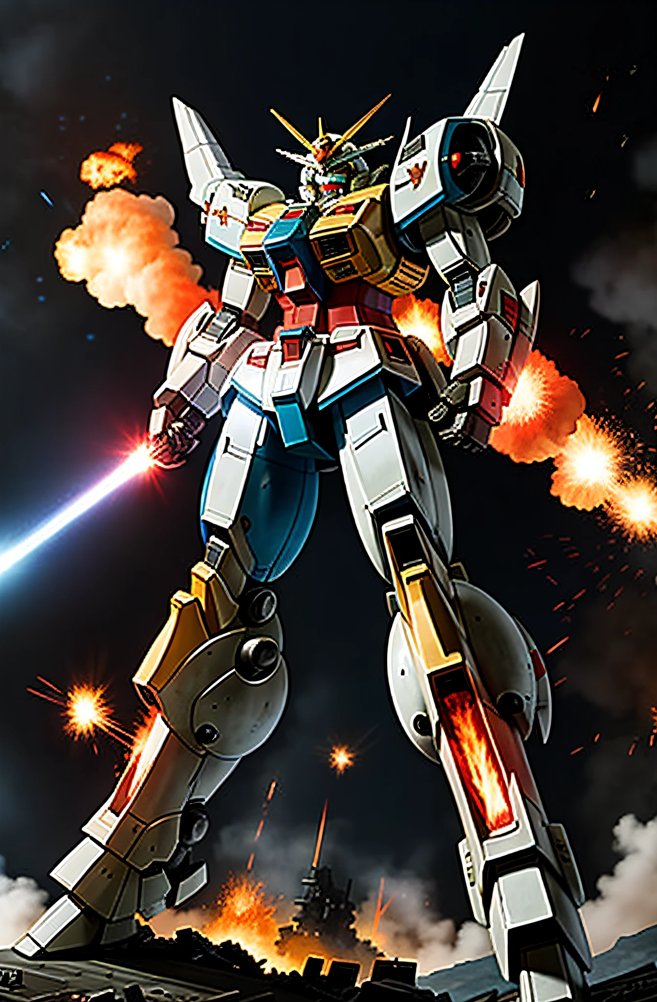 masterpiece, best quality gundam, mecha, no man, black armor, blue eyes, science fiction, fire, laser cannon beam, war, conflict, destroyed city background,