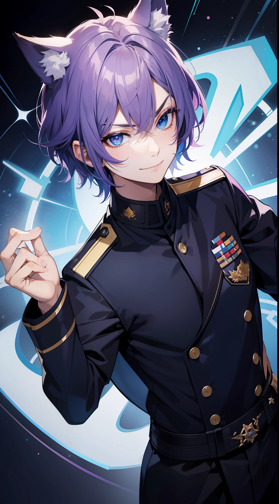 Young guy, short purple hair, blue eyes, wolf ears, dark officer's uniform, smirk, masterpiece, high quality