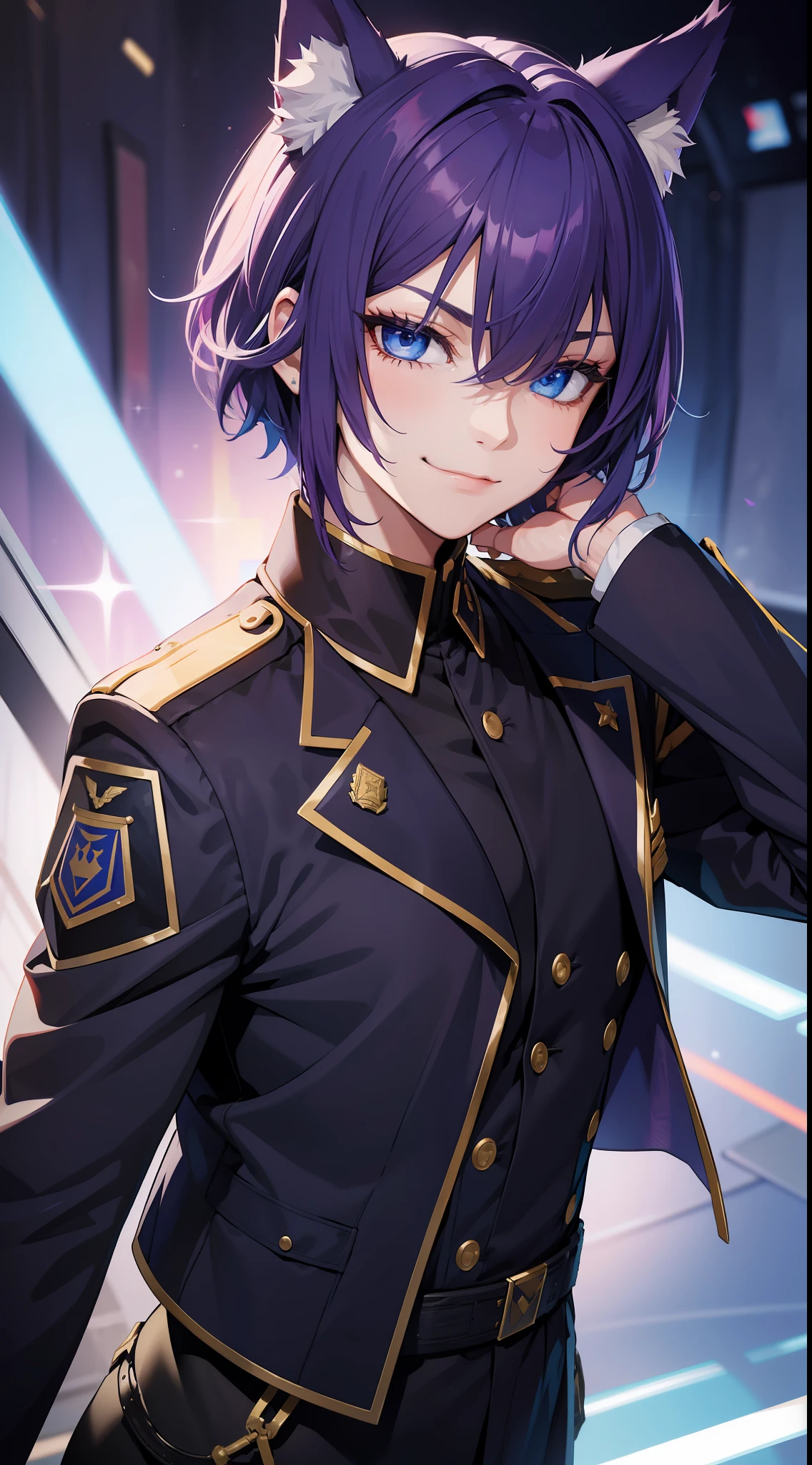 Young guy, short purple hair, blue eyes, wolf ears, dark officer's uniform, smirk, masterpiece, high quality