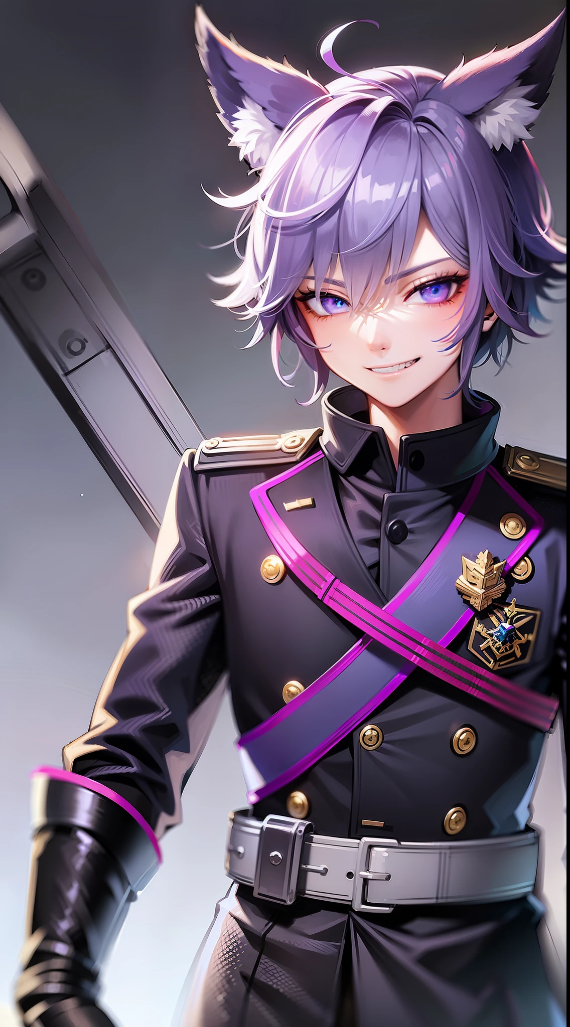 Young guy, short purple hair, blue eyes, wolf ears, dark officer's uniform, smirk, masterpiece, high quality