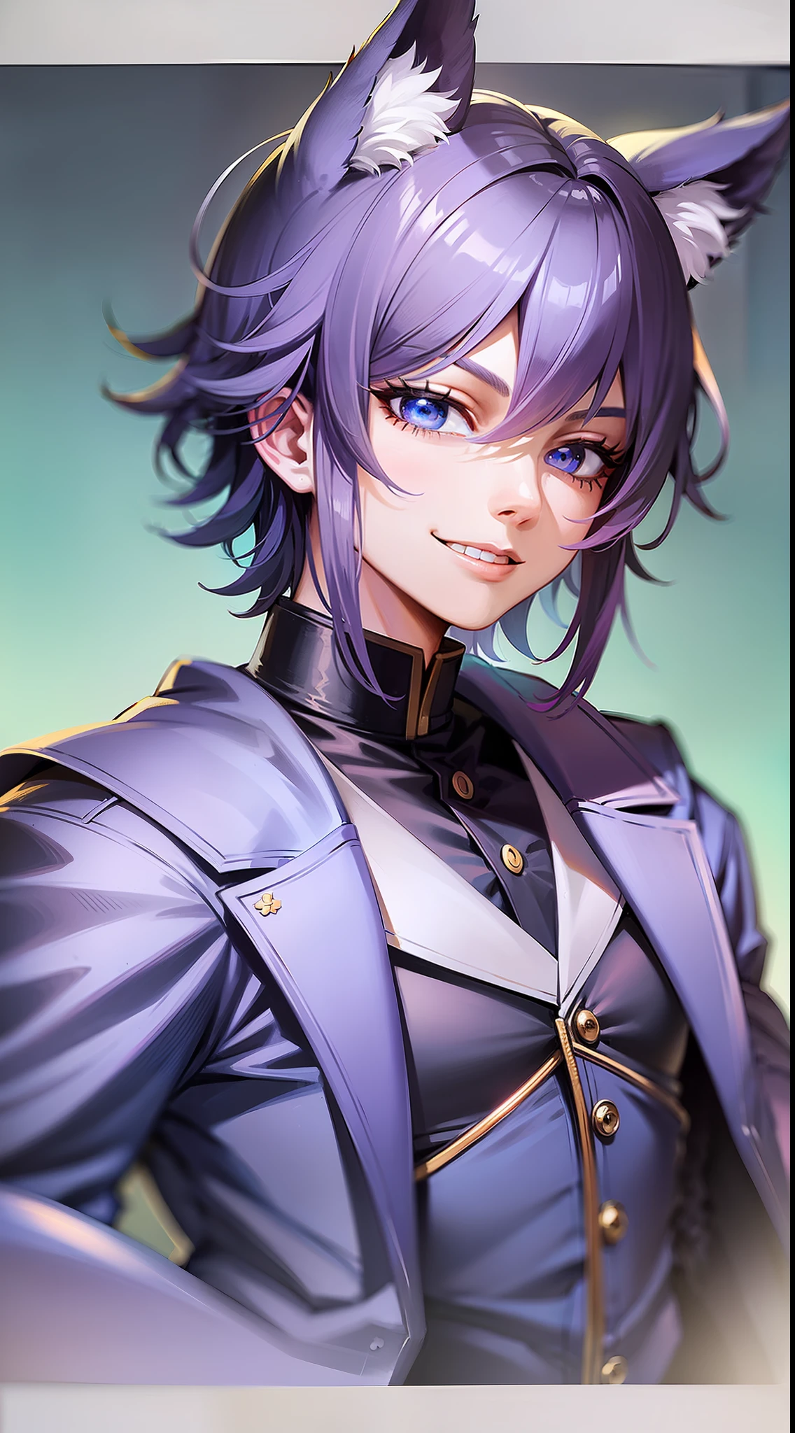 Young guy, short purple hair, blue eyes, wolf ears, dark officer's uniform, smirk, masterpiece, high quality