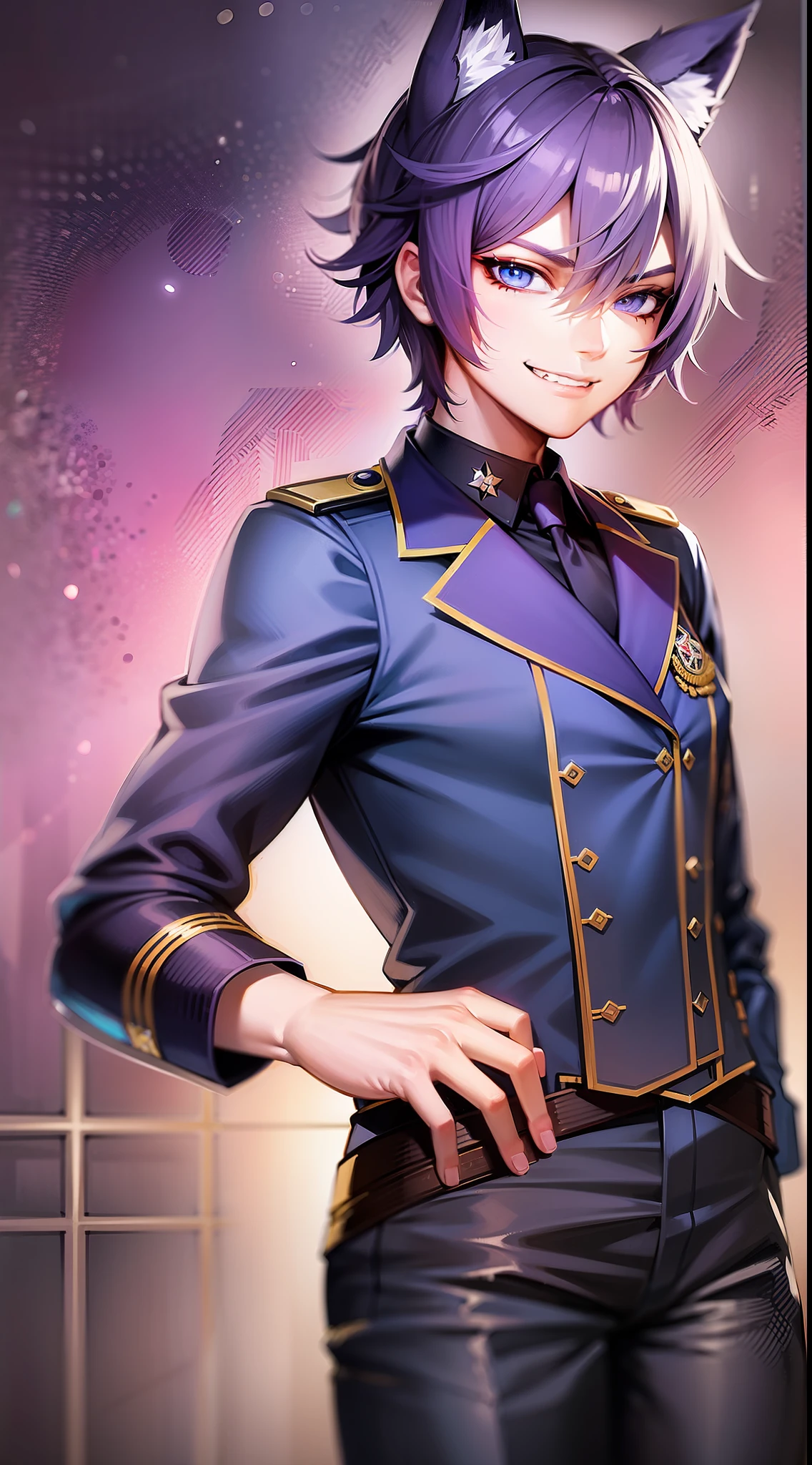 Young guy, short purple hair, blue eyes, wolf ears, dark officer's uniform, smirk, masterpiece, high quality