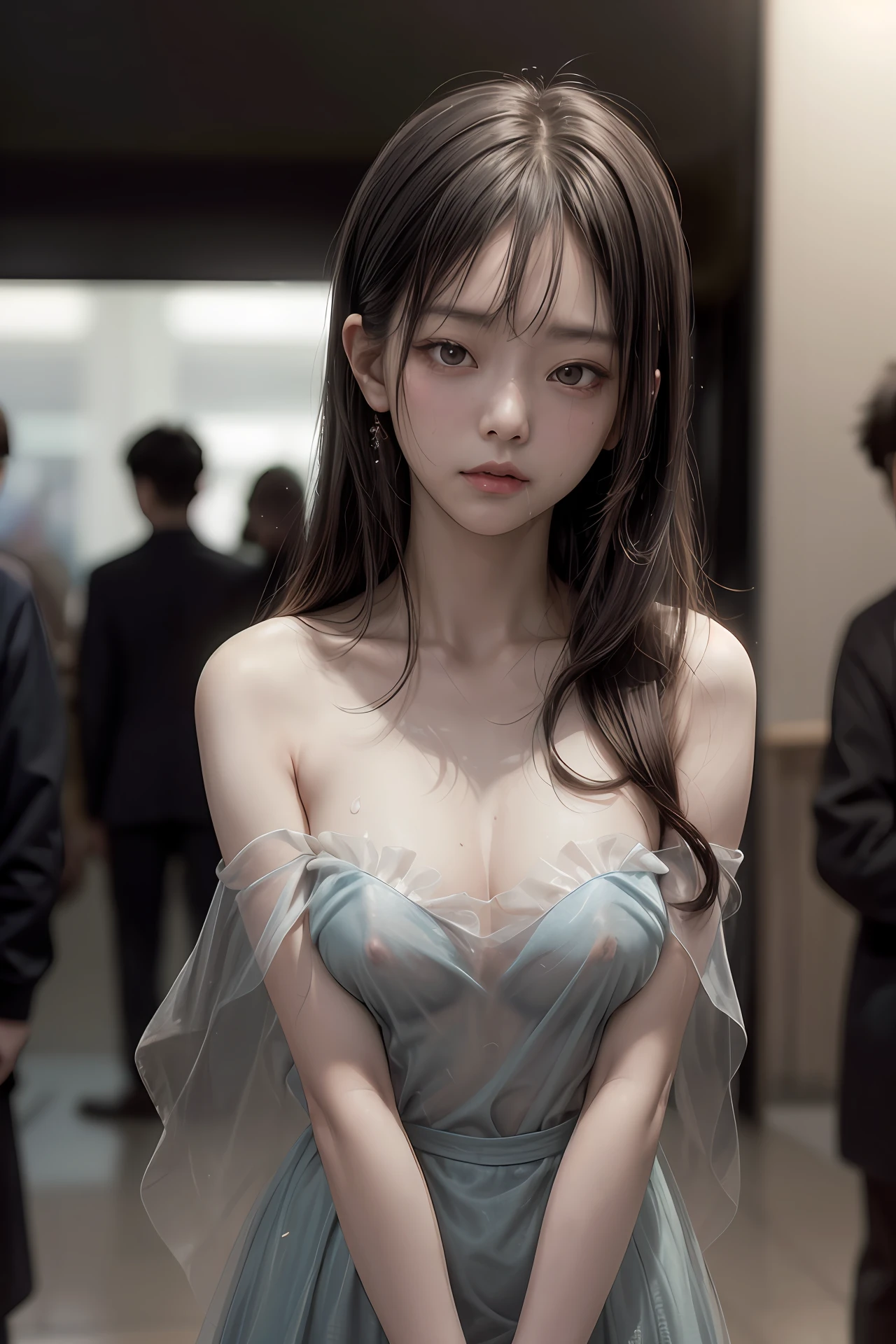 (best quality), (masterpiece), (highres), original, extremely detailed 8K wallpaper, (an extremely delicate), Best quality, masterpiece, (((disgusted and unhappy expression))), (((disgusted face, unhappy face))), Frown, ultra high res, (photorealistic:1.4), raw photo, street photography, photo of a Taiwanese young girl, She play with her own breasts, sweat, sweaty body, (sheer fabric:1.25)(loose:1.5)lace strapless dress, (((medium)saggy breasts)), (bare breasts), (((erect nipple))), ((areolas)), (Korean(kpop idol)), ((puffy eyes)), deep shadow, low key, cold light, deep contrast, bokeh, depth of field, below angle, low angle, (looking at viewer, softly smiling), a photo of a inside a subway, neoism, background crowds, people in backgrounds, ((upper body)), ((straight photo)), exposure blend, medium shot, bokeh, (hdr:1.4), high contrast, (cinematic, teal and orange:0.85), (muted colors, soothing tones:1.3), low saturation, (hyperdetailed:1.2), (nsfw:1.07),